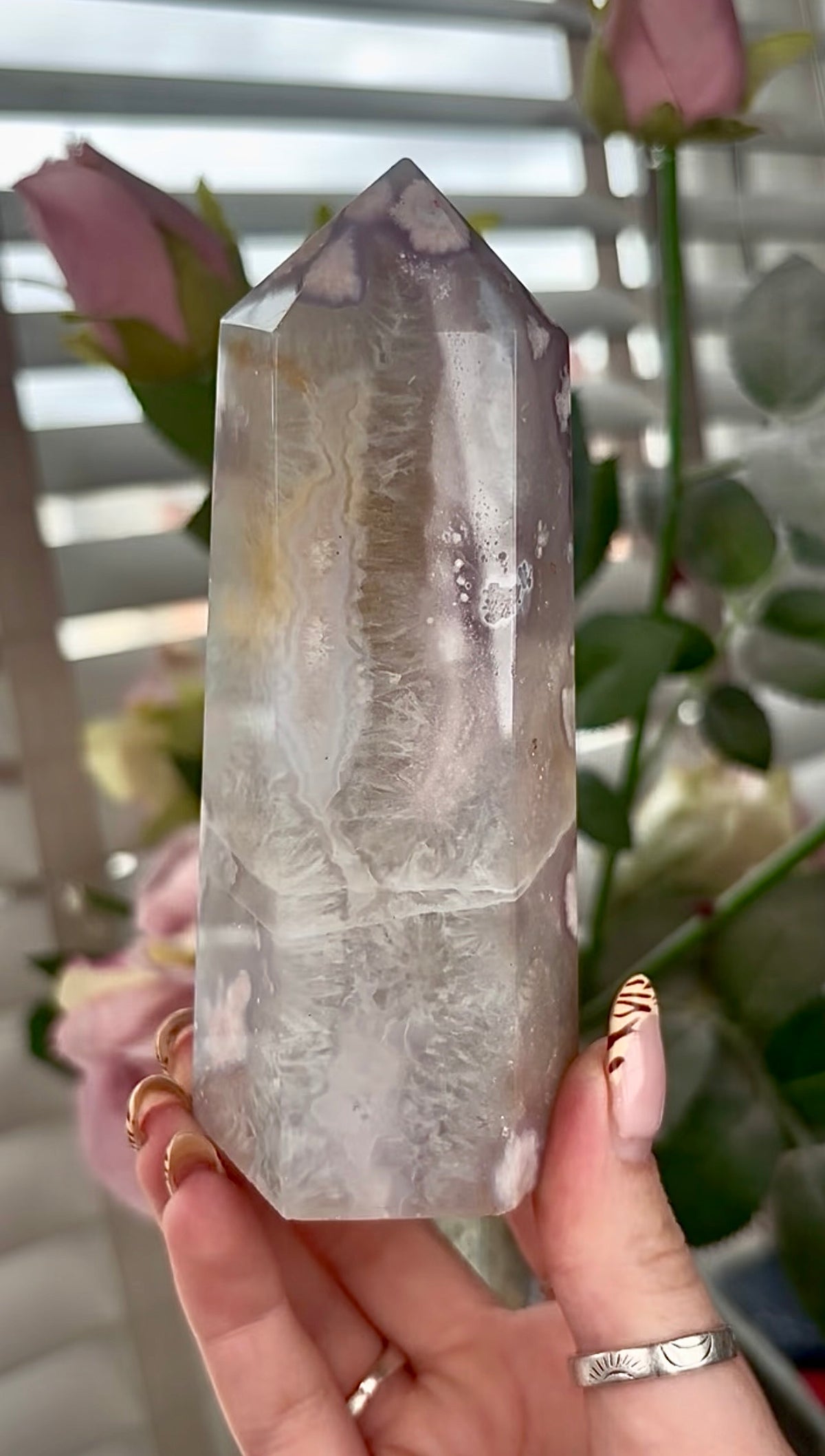 Stunning!! Super high quality, Druzy, green chlorite x blue flower agate tower