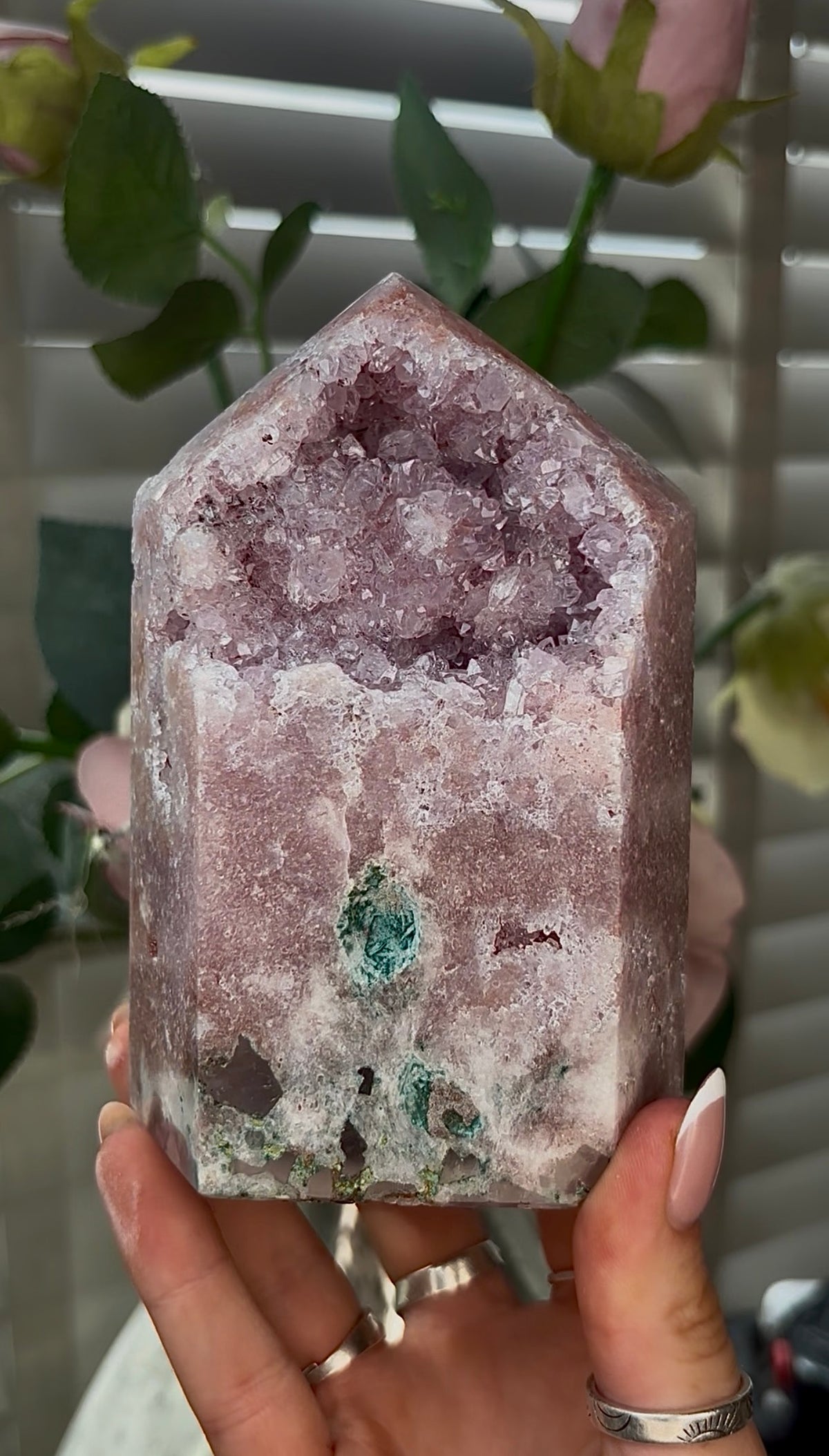 Beautiful, hq, druzy, chunky Pink amethyst tower 12.7cm(h) by 8.2cm(w)