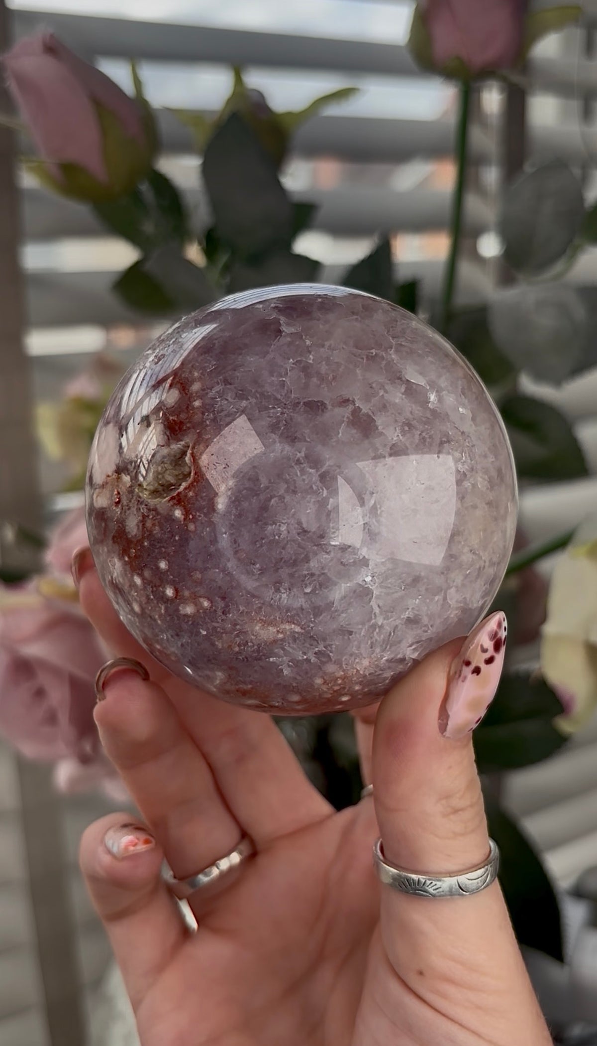 High grade, amethyst Flower agate sphere with high clarity quartz