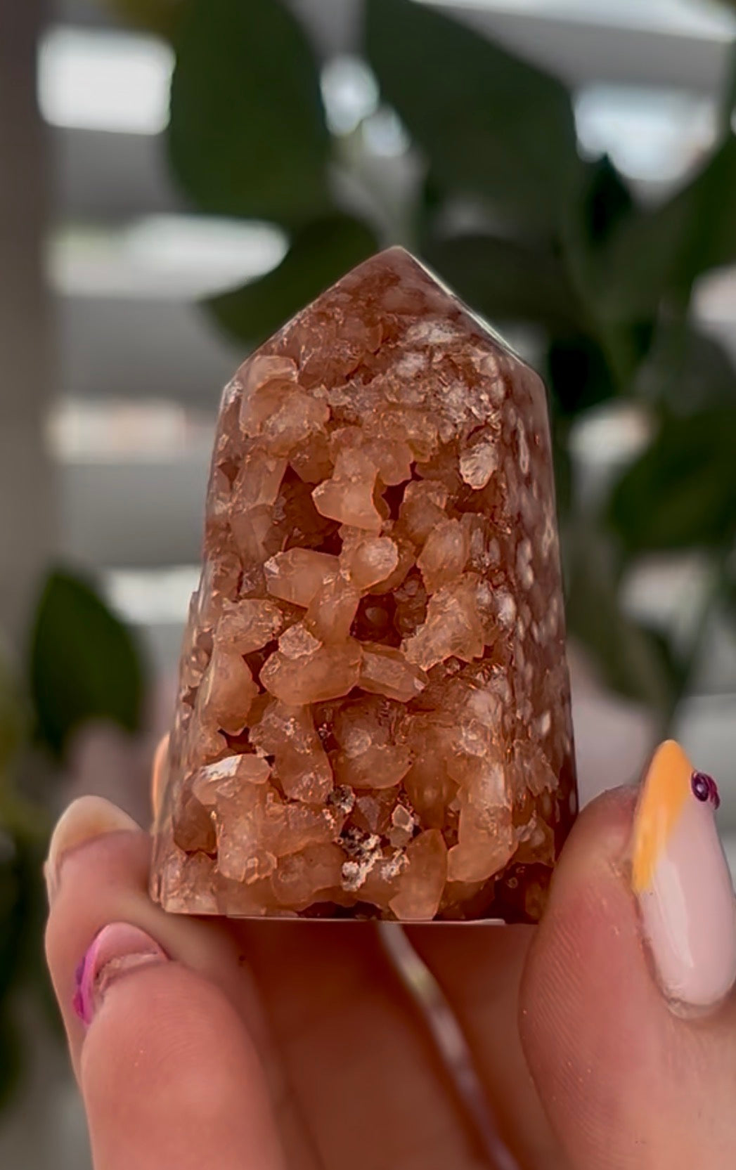 Mini, Pink amethyst tower in burnt orange tones with chewing gum druzy