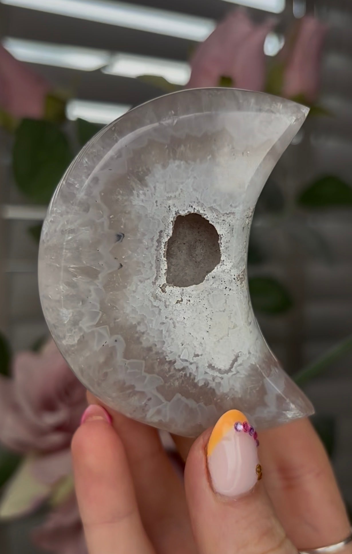 Beautiful, agate moon with druzy - comes with stand