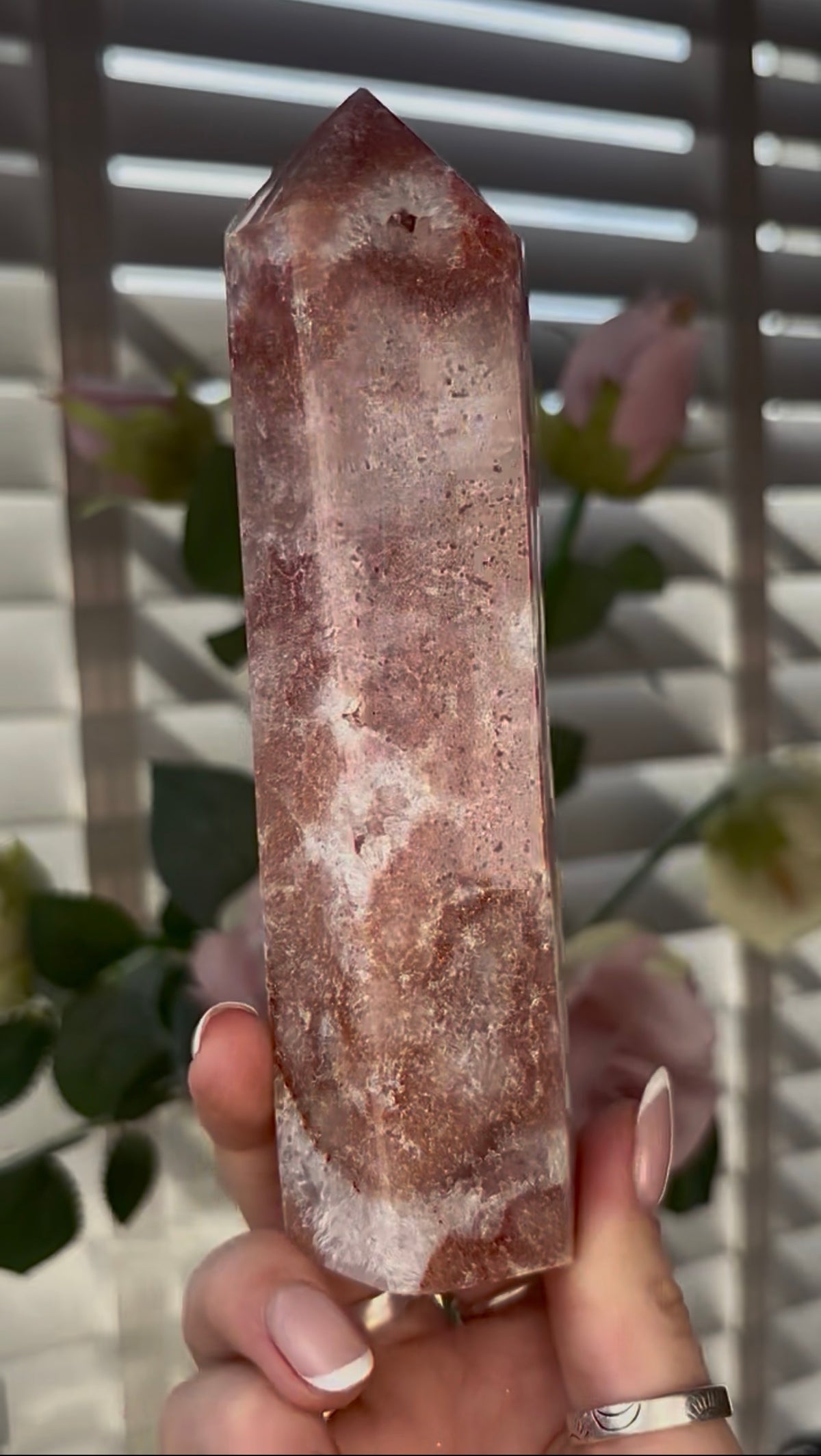 Beautiful, high quality, Pink amethyst tower 15.2cm(h) by 4cm(w)