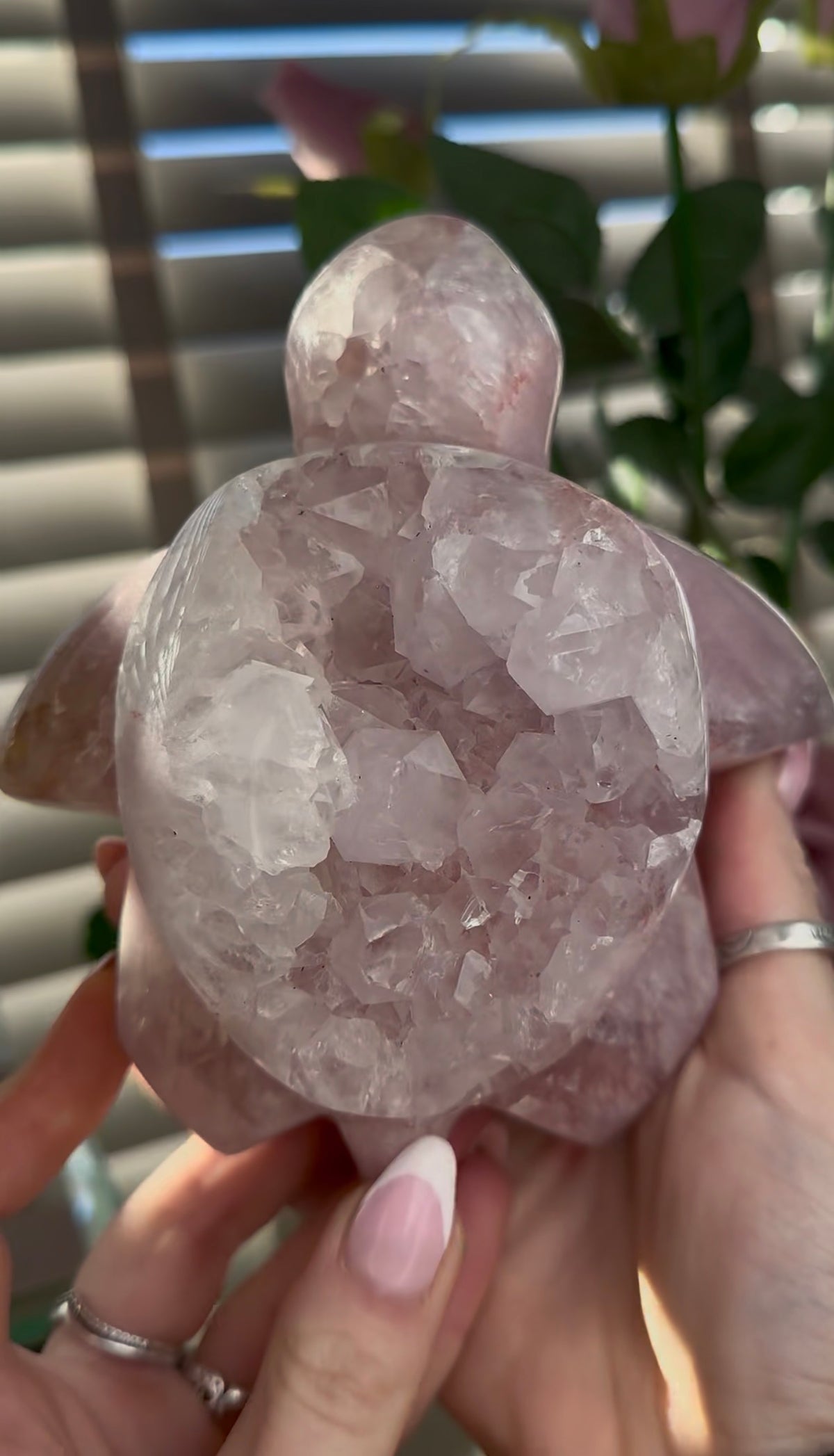 High grade, pink amethyst with chunky quartz sea turtle carving