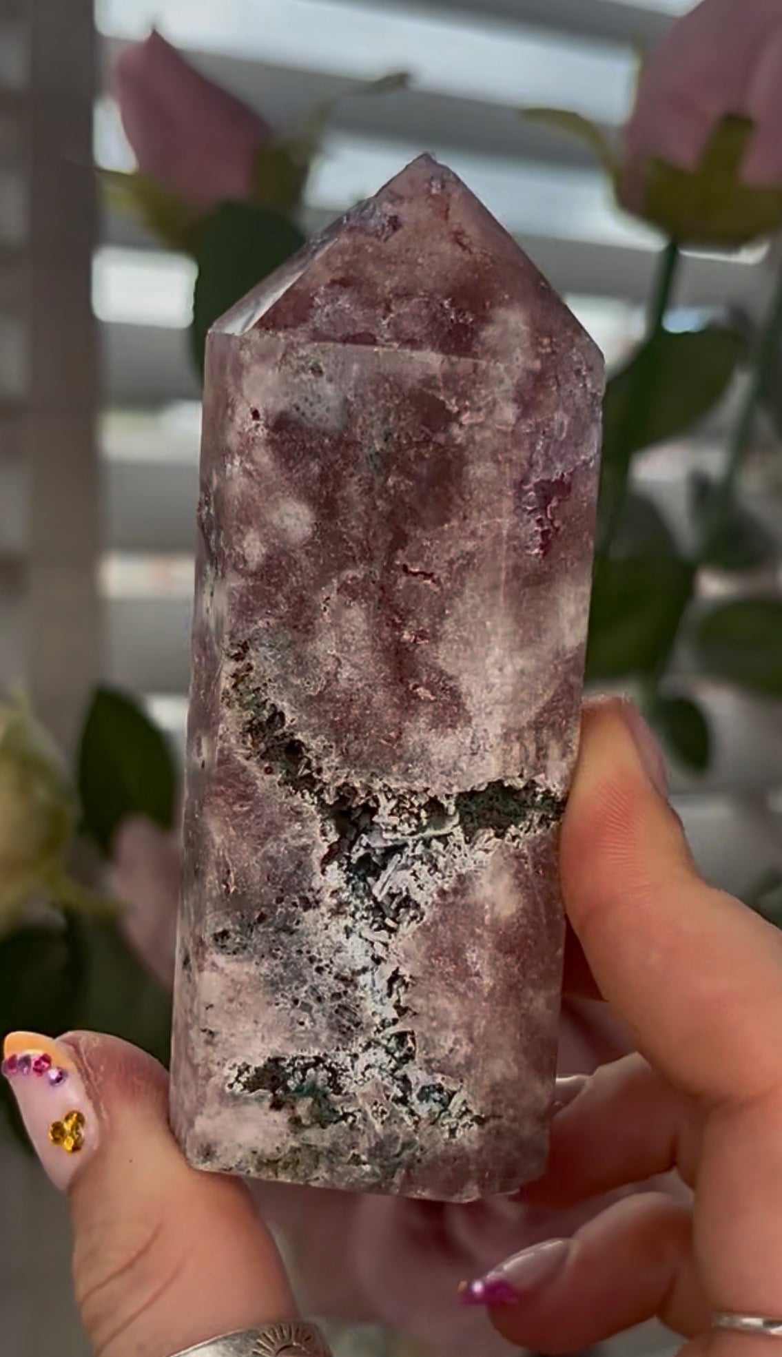 Pretty, Pink amethyst tower, with purple quartz druzy & green jasper
