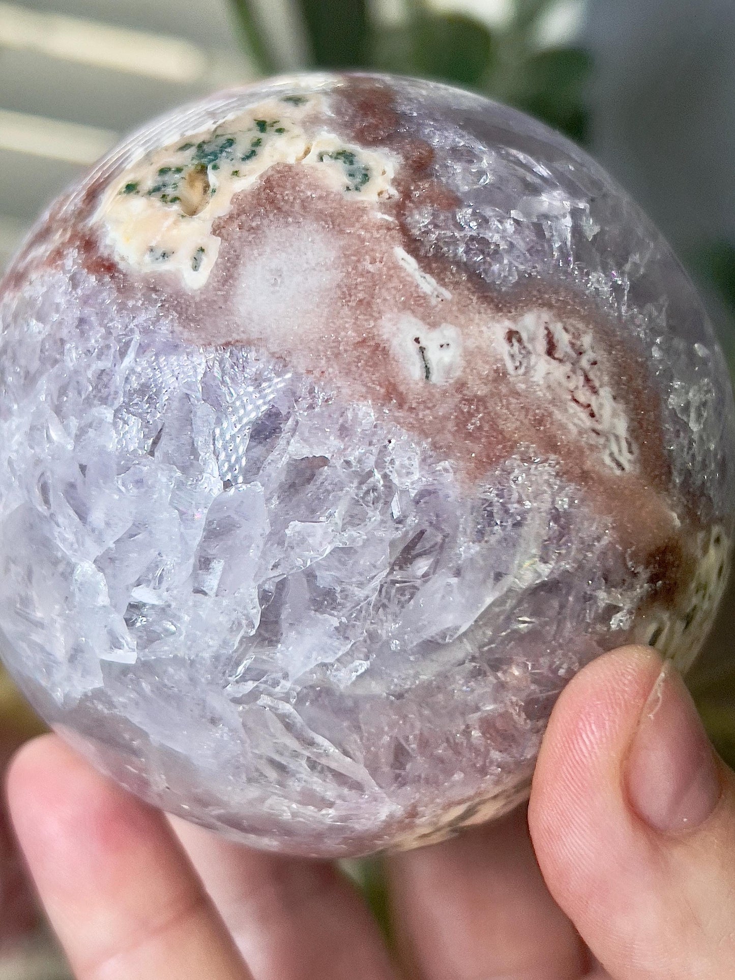 high grade, gorgeous pink amethyst sphere, with incredible quartz druzy