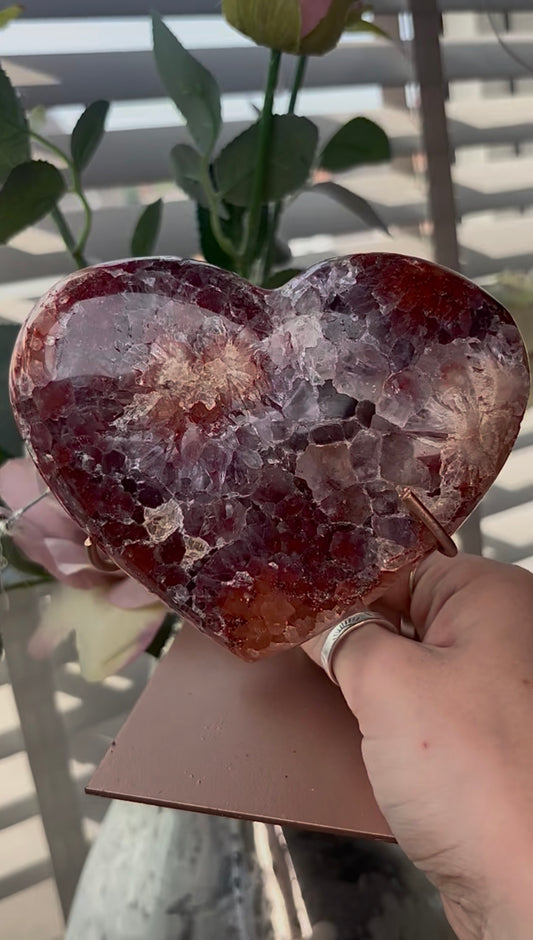 Gorgeous, high quality, pink amethyst heart with red quartz - comes with stand