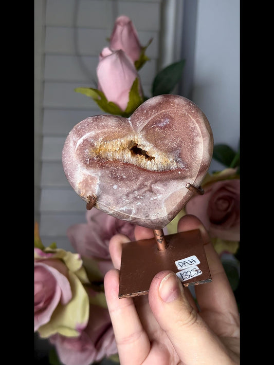 pink amethyst heart in deep pink tones and quartz druzy with red hematite lining, comes with stand that is scratched (discount added)