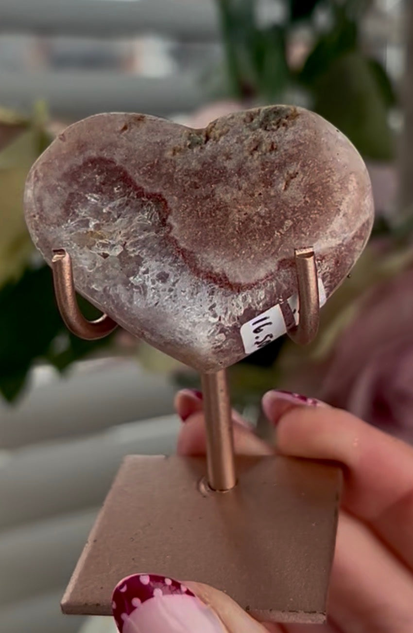 pink amethyst heart with quartz - comes with stand