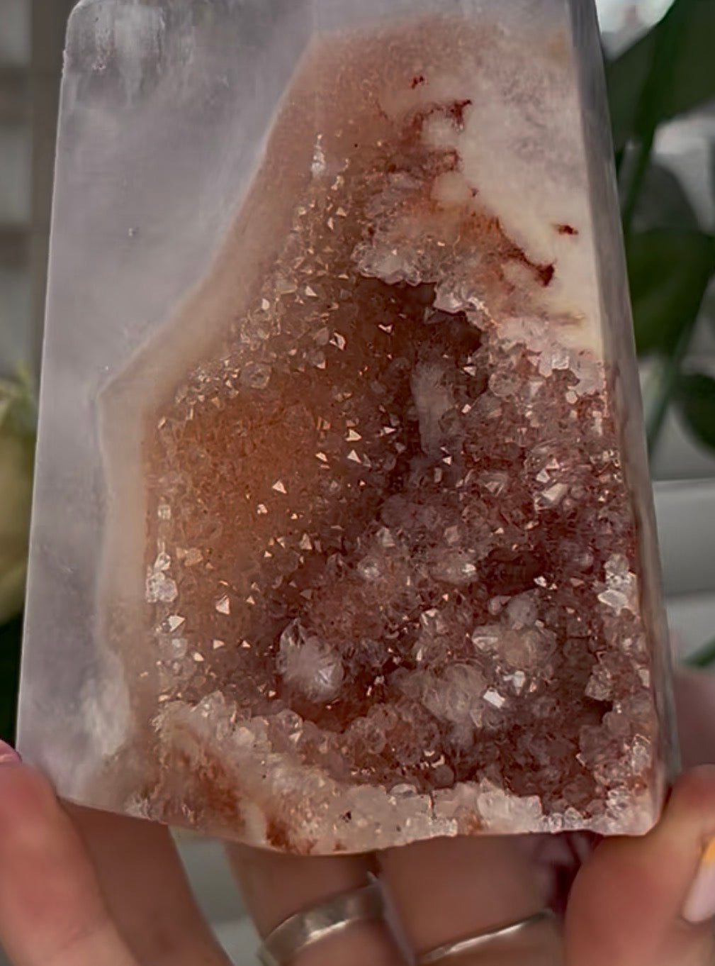 Large, High quality, Pink amethyst tower, with orange druzy