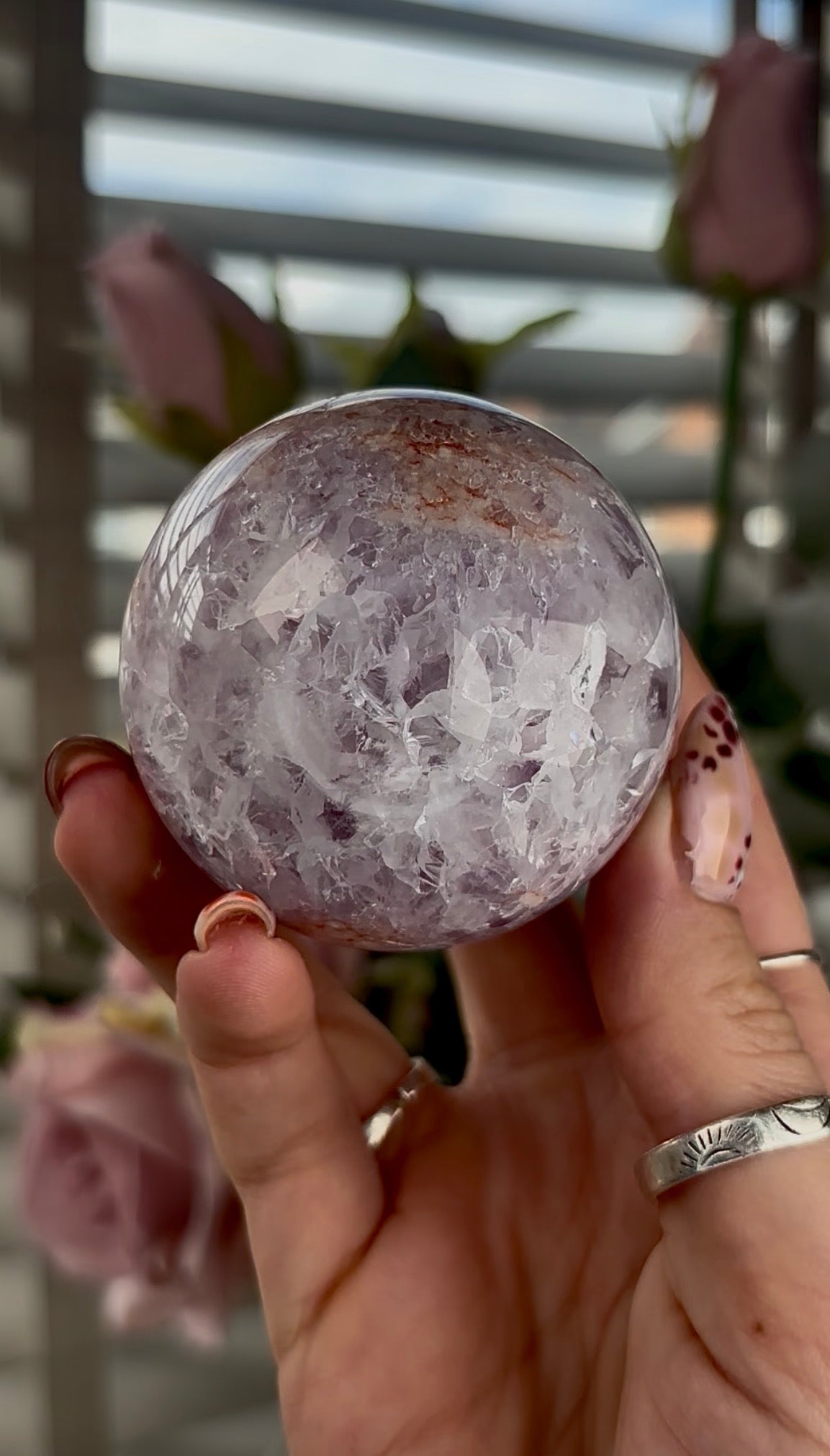 High grade, amethyst Flower agate sphere with high clarity quartz