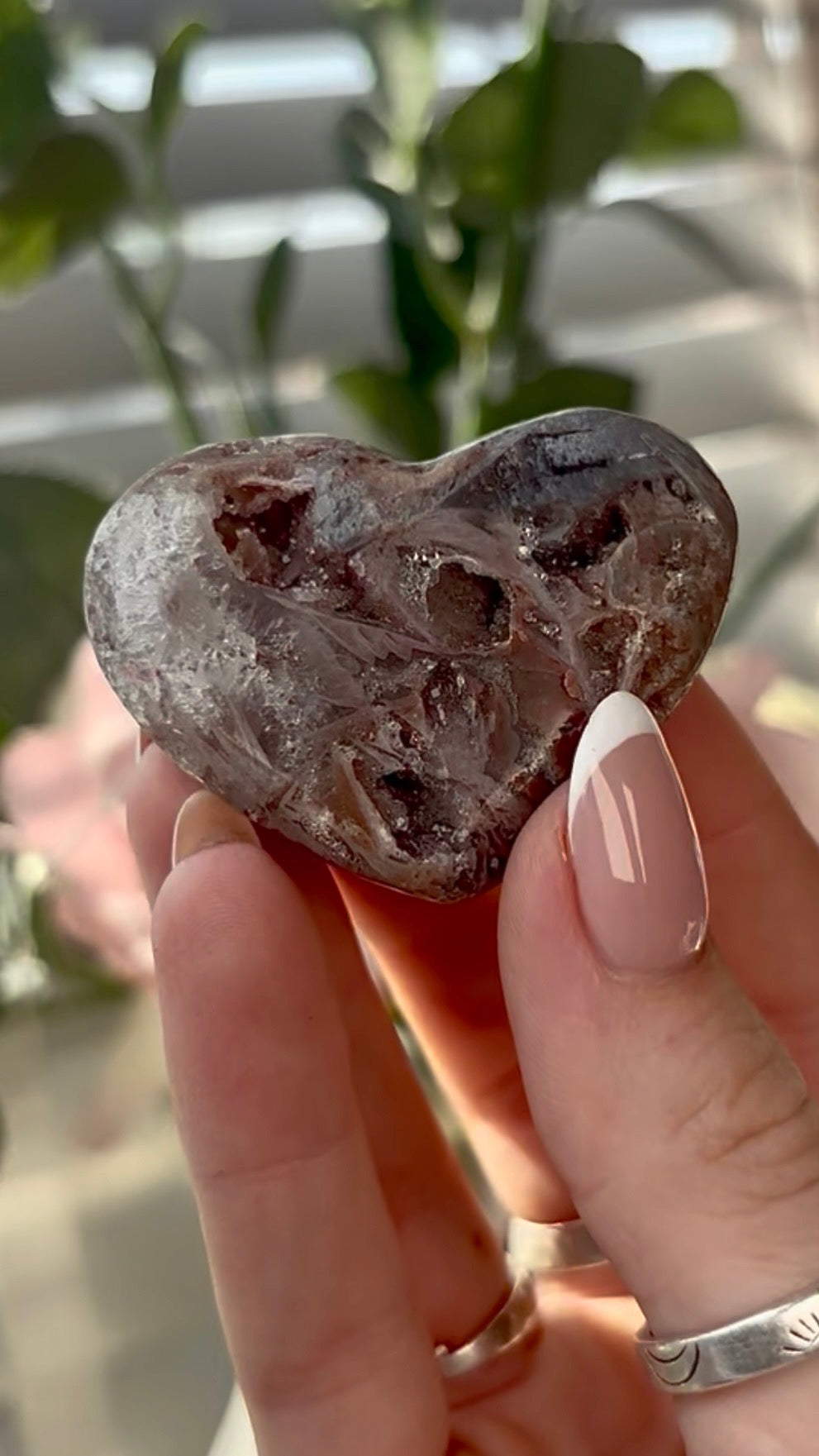 Gorgeous, mini rutile, pink amethyst  heart -comes with stand