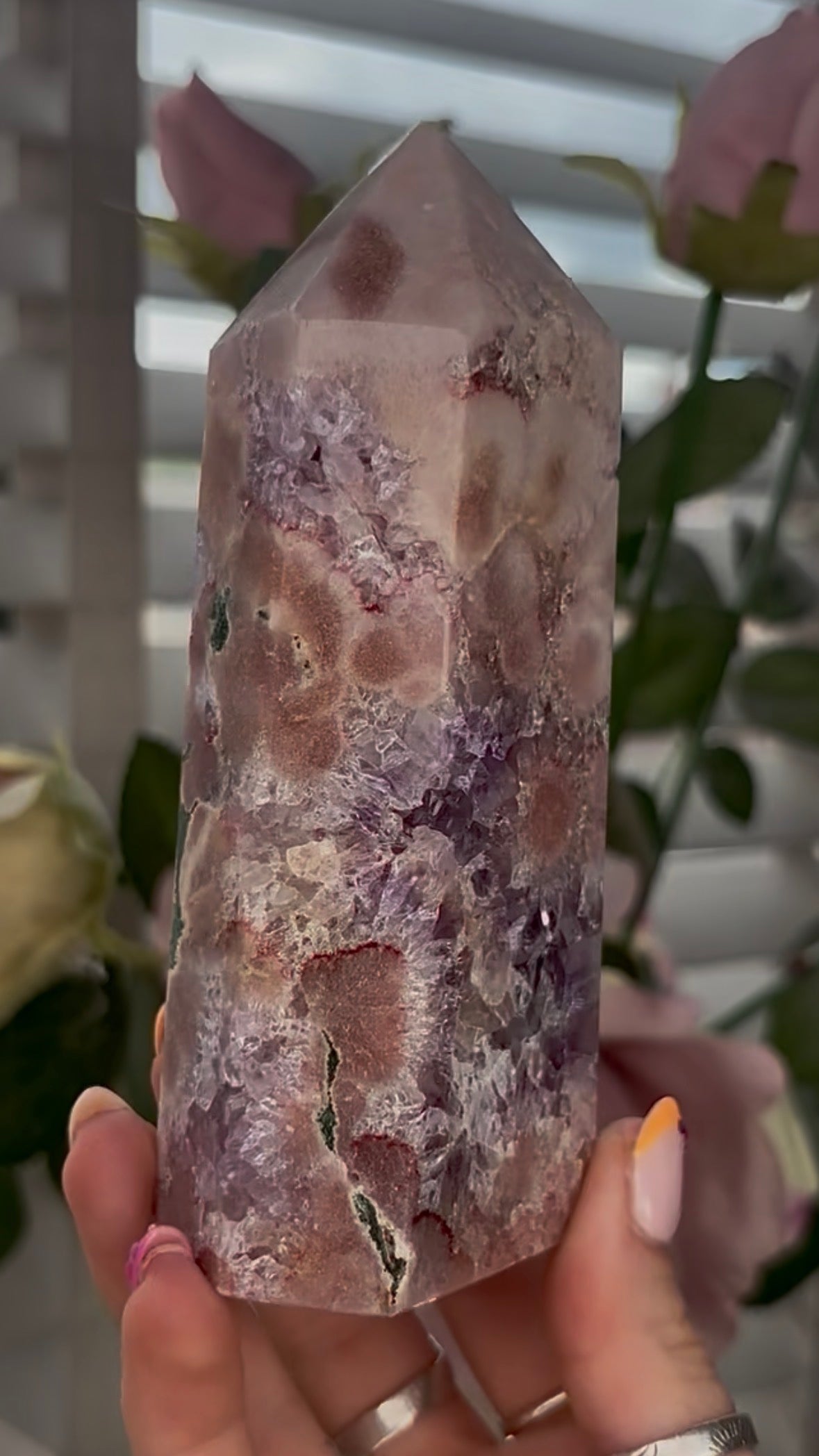 Pretty, Pink amethyst tower, with purple quartz druzy