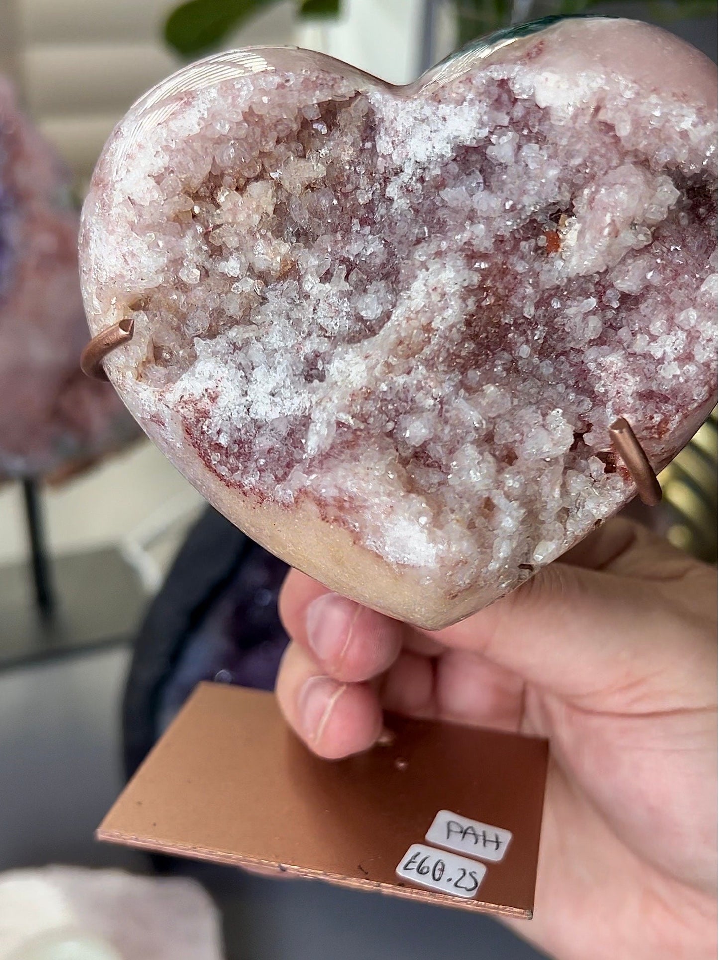 pink amethyst with red druzy and green jasper on a custom stand