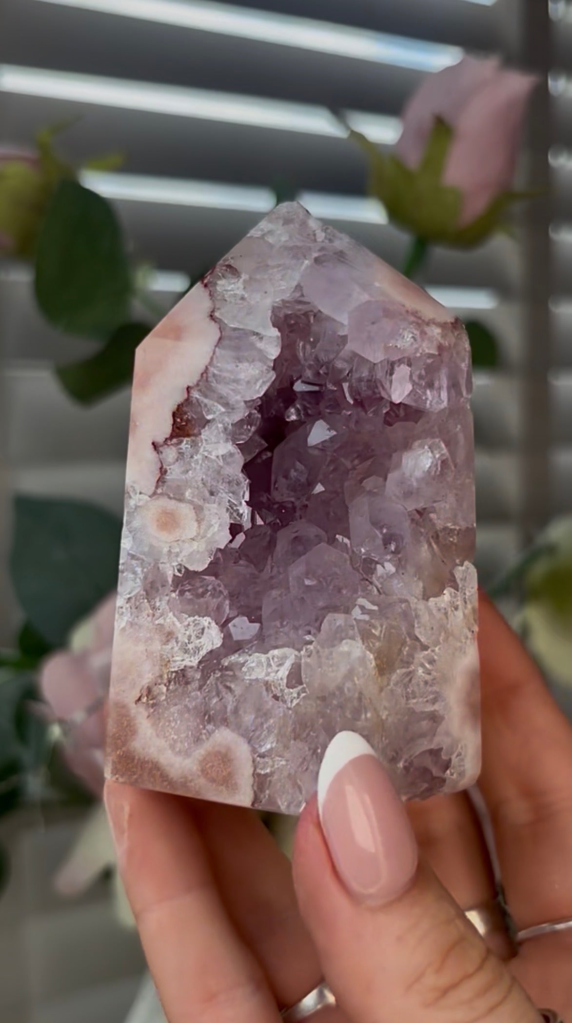 Beautiful, high quality, Pink amethyst tower with quartz 8.5cm(h) by 5.5cm(w)