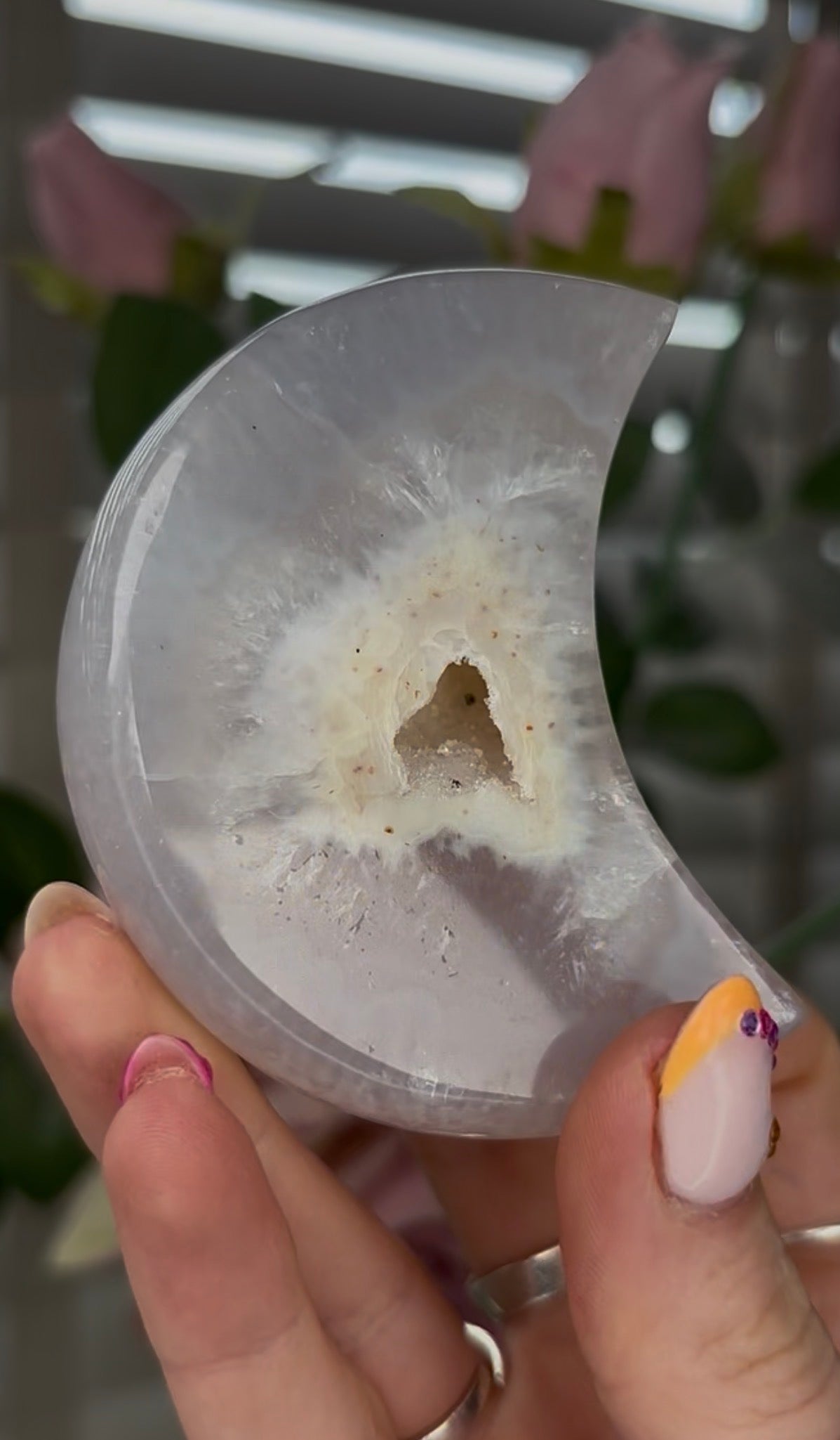 Beautiful, high grade, agate moon with druzy - comes with stand