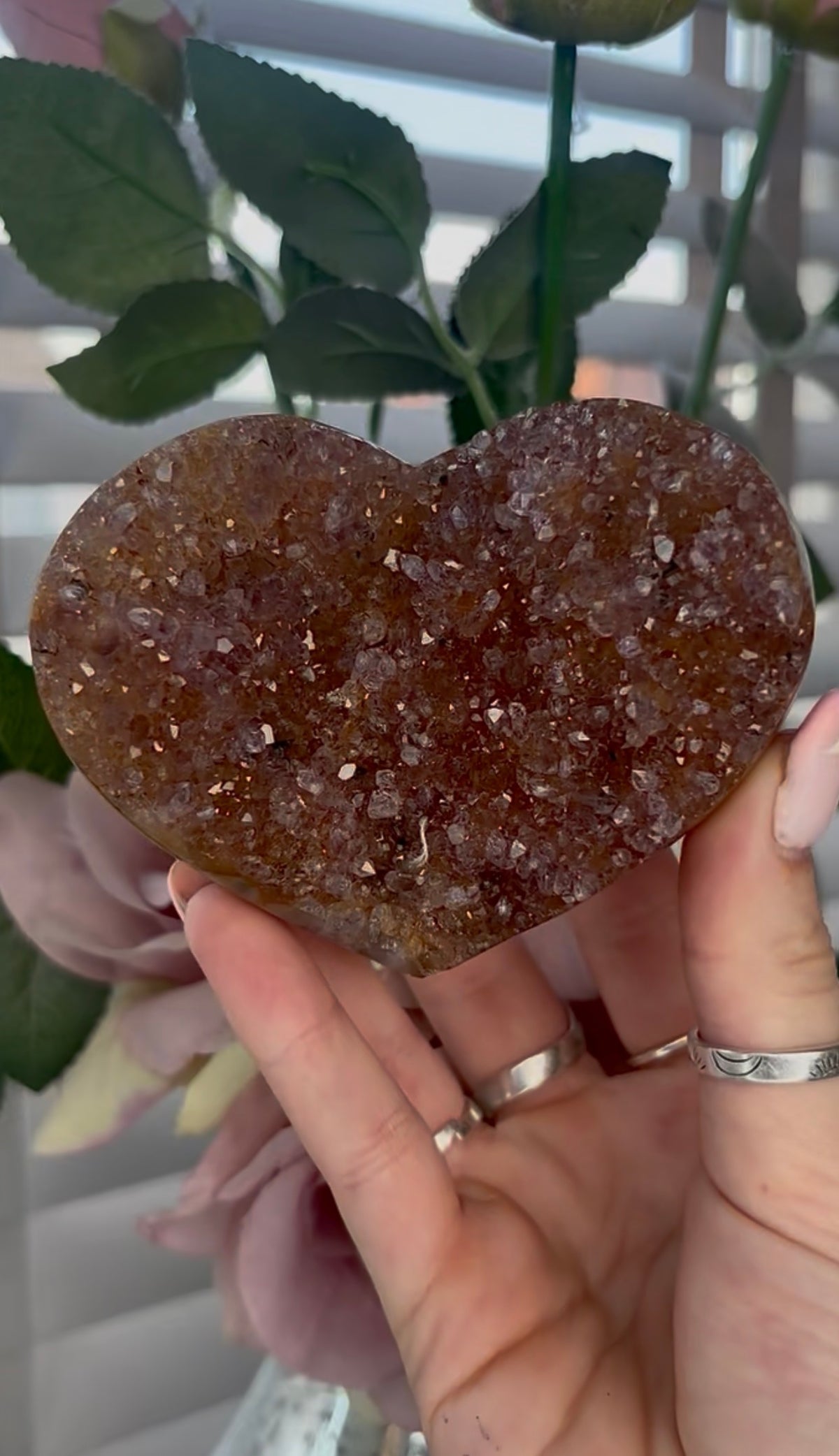 Uruguay, rainbow amethyst heart - comes with stand in orange/purple tones