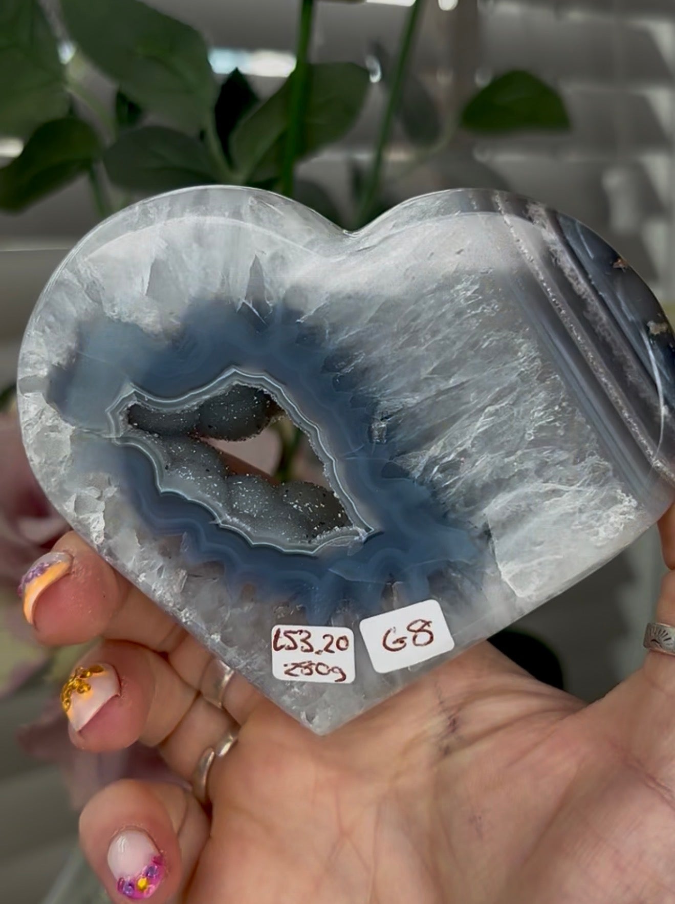 Beautiful, high quality, blue banded agate heart with druzy - stand included