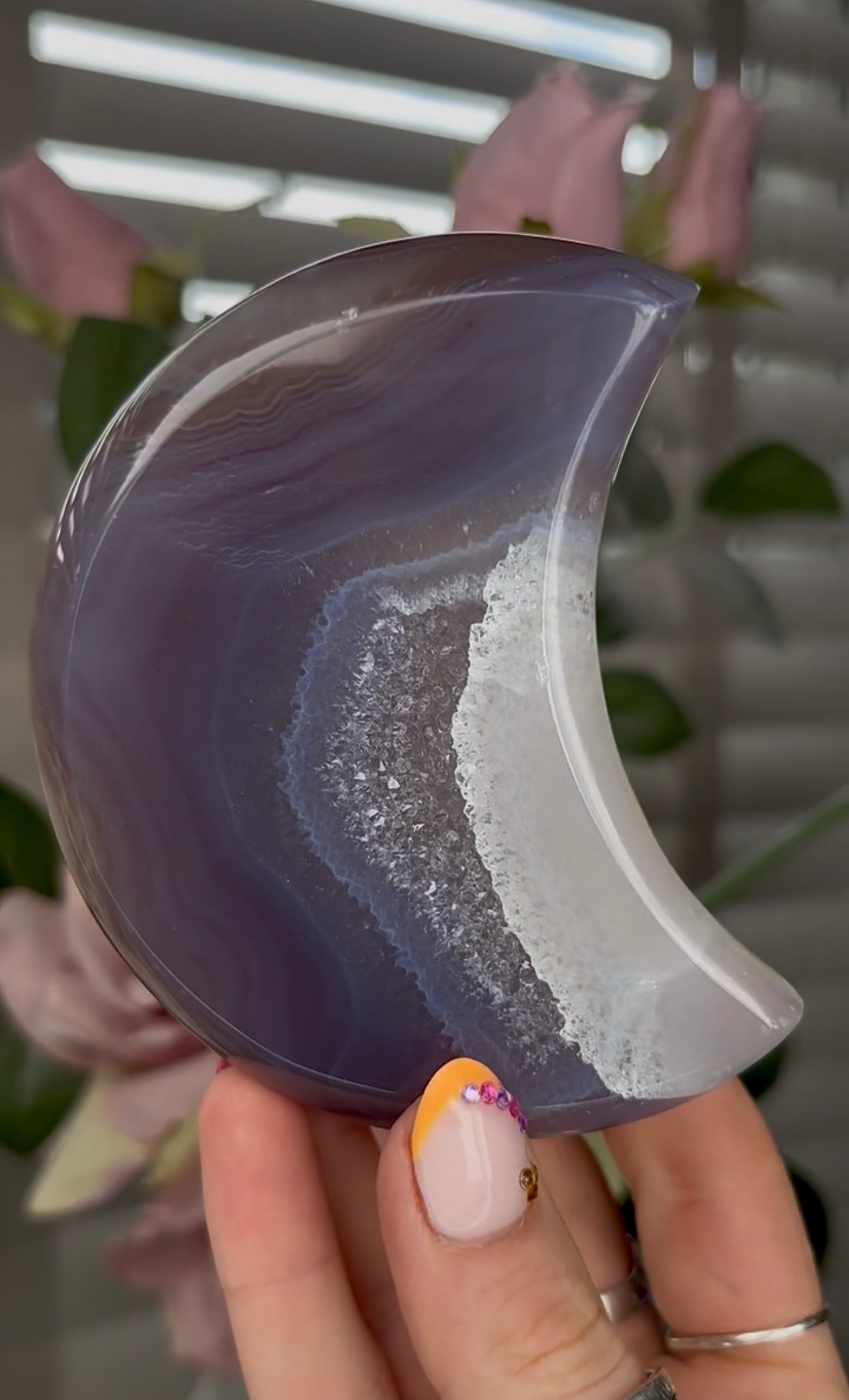 Beautiful, agate moon with druzy - comes with stand