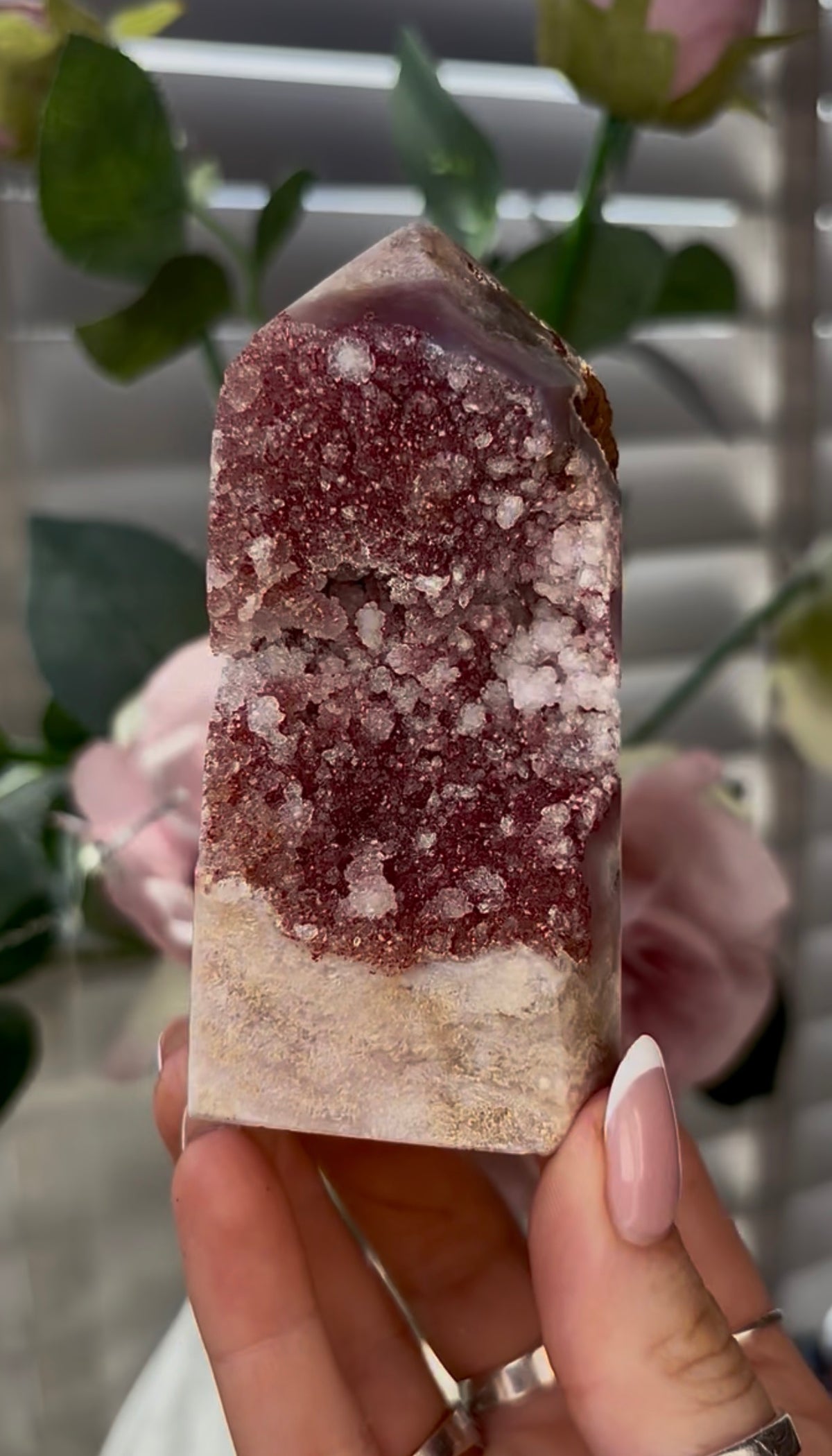 Beautiful, hq, druzy, Pink amethyst tower 10cm(h) by 5cm(w)