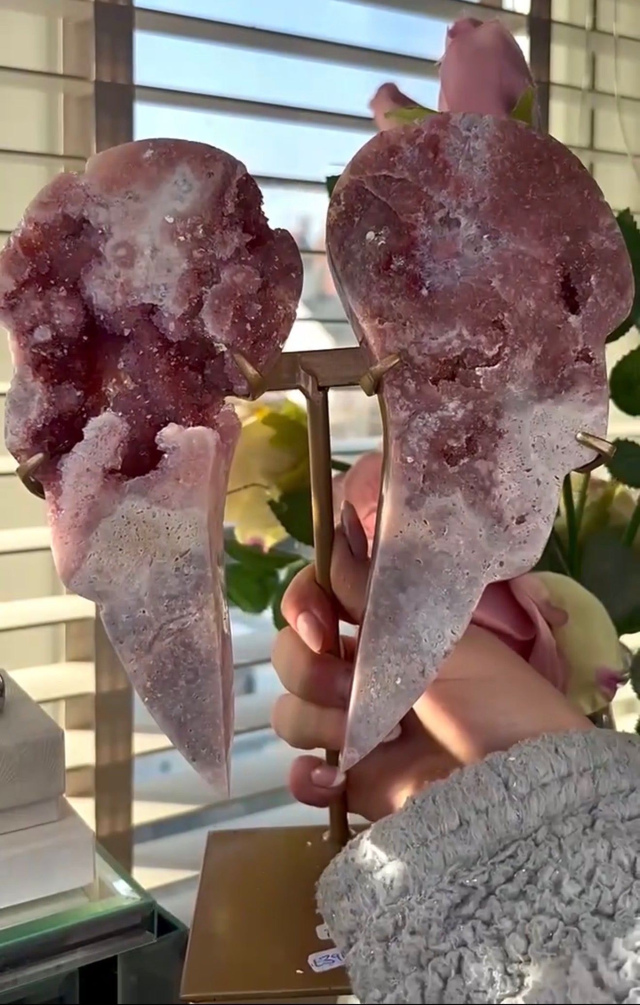High quality, pink amethyst wings in reddish/deep pink tone - comes with stand