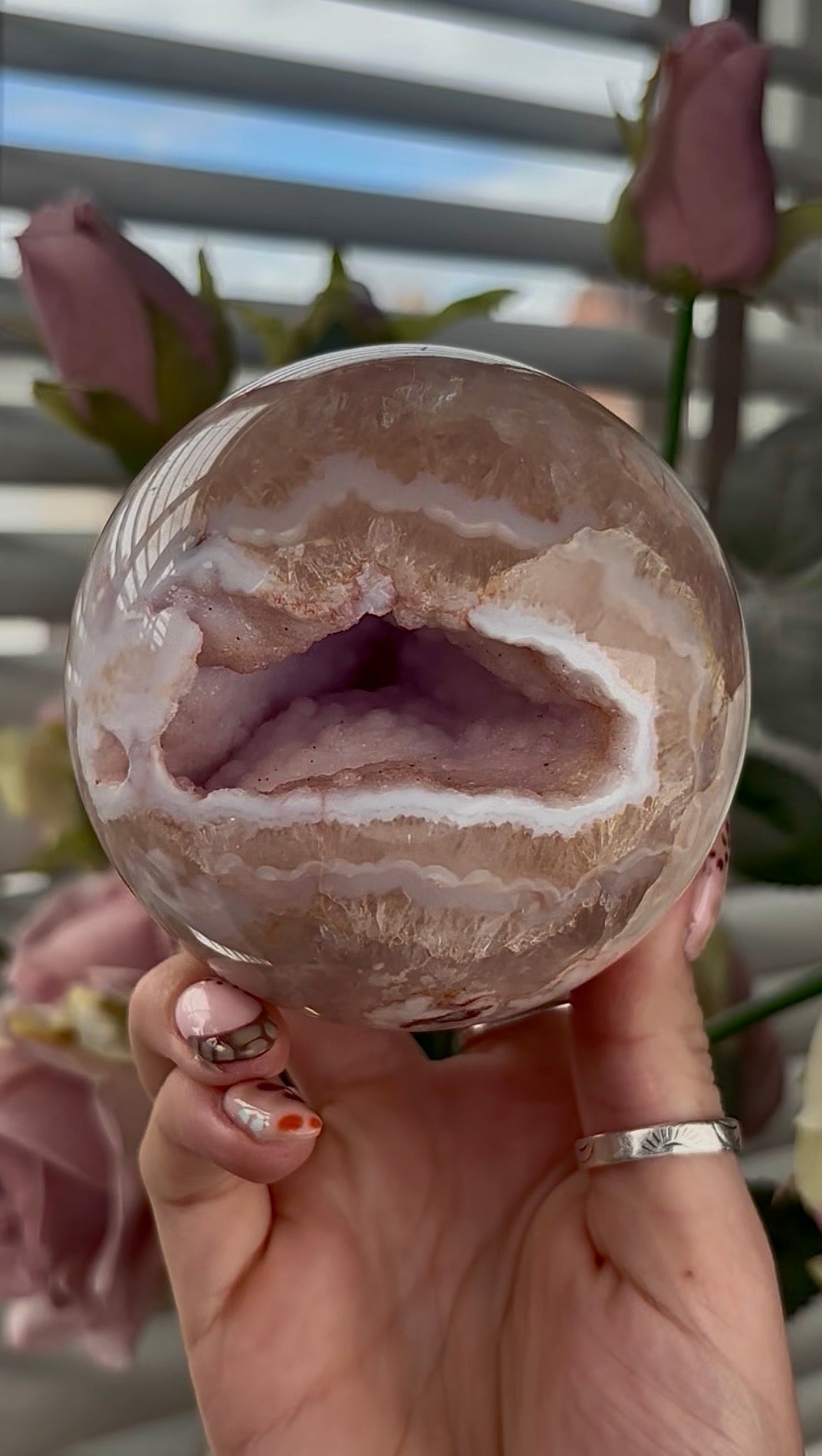 High grade, amethyst Flower agate sphere with high clarity quartz 8.5cm