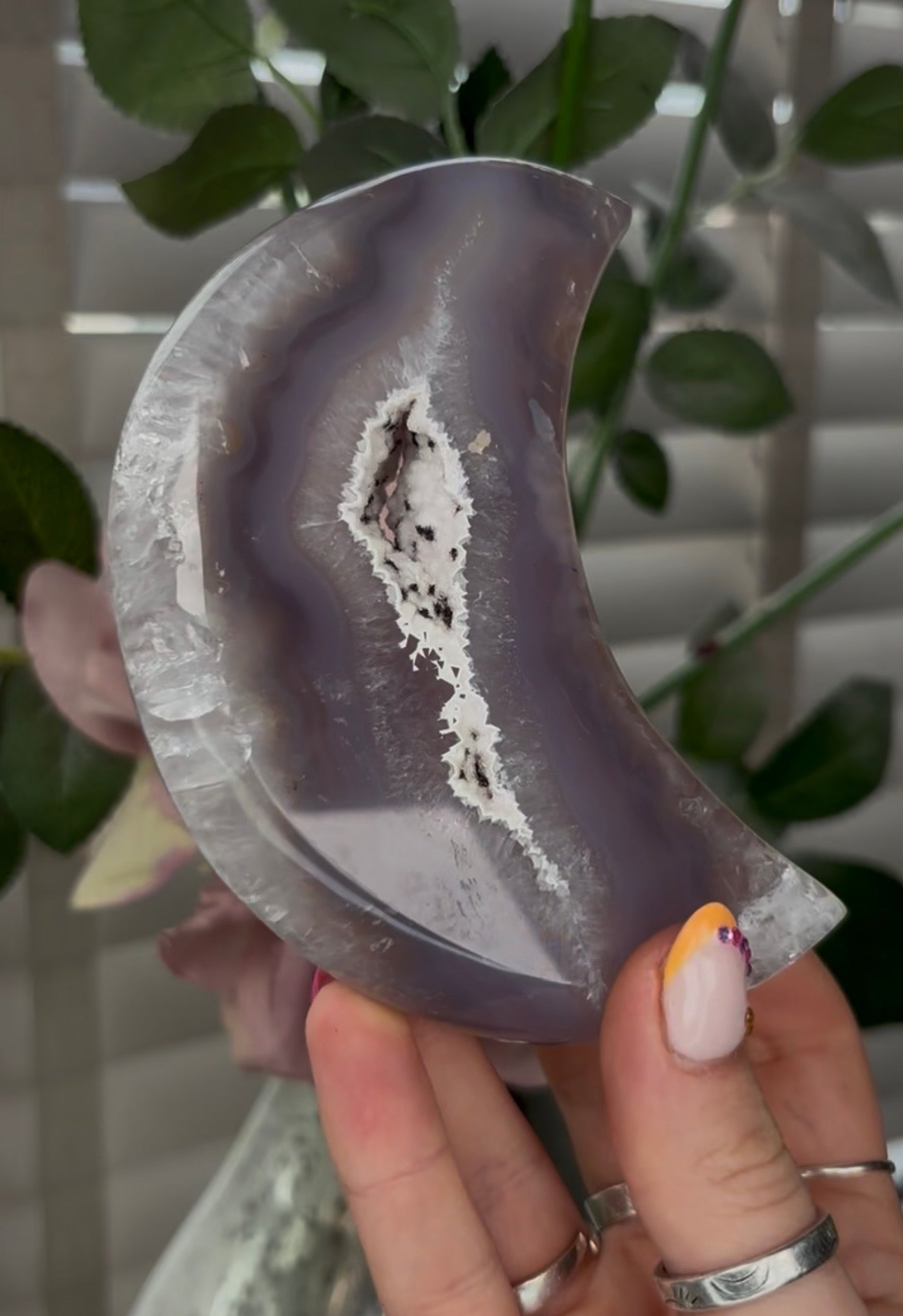 Beautiful, high grade, agate moon with druzy - comes with stand