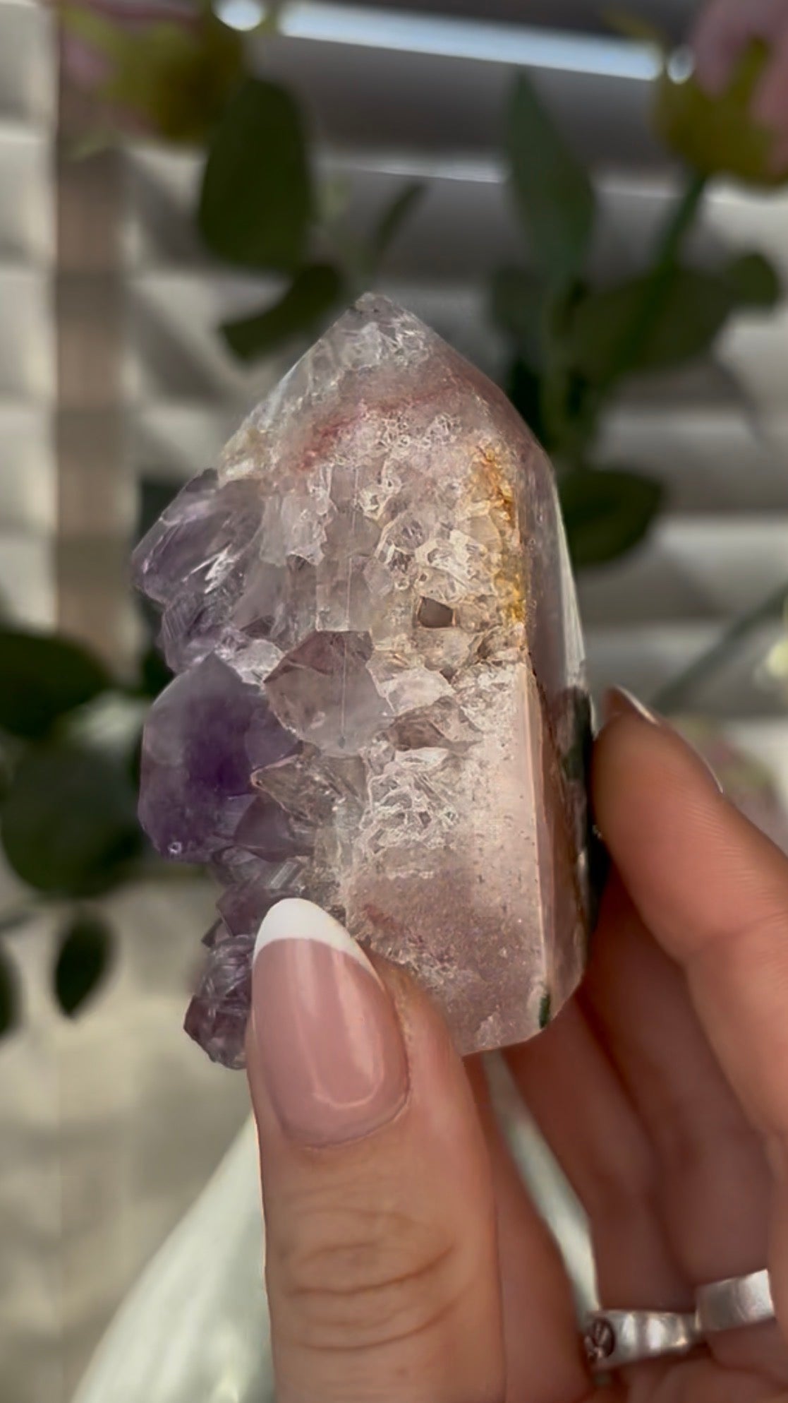 Beautiful, chunky Pink amethyst tower with purple quartz 7cm(h) by 4.5cm(w)