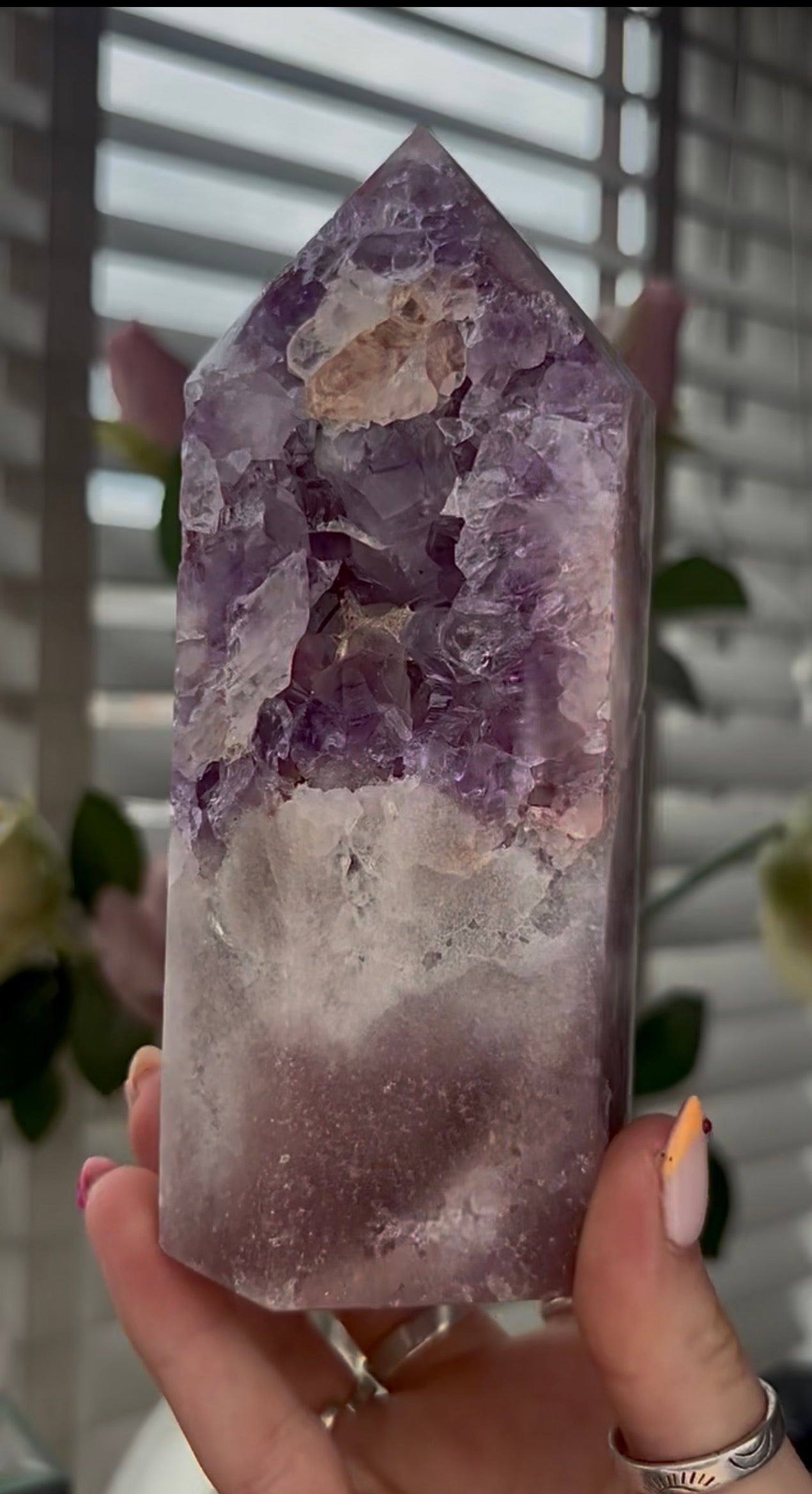 High quality, Pink amethyst tower, with purple quartz druzy