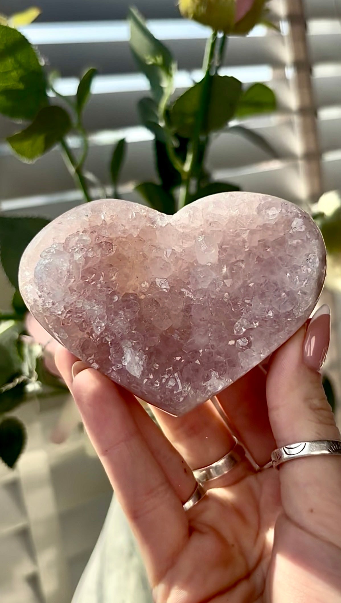 Gorgeous, high quality, pink amethyst quartz heart- comes with stand