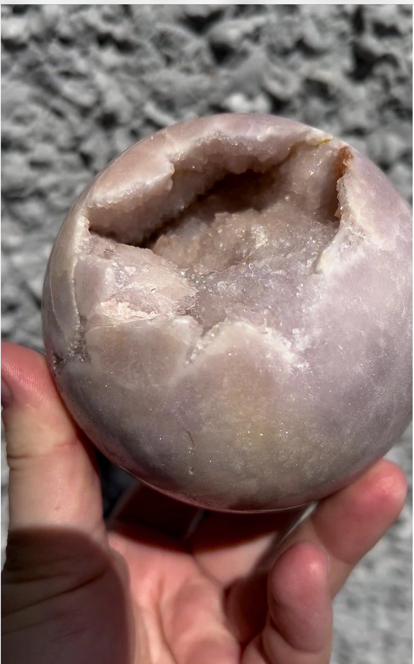 large, perfect baby pink amethyst sphere with sugar druzy cave and jasper 895g