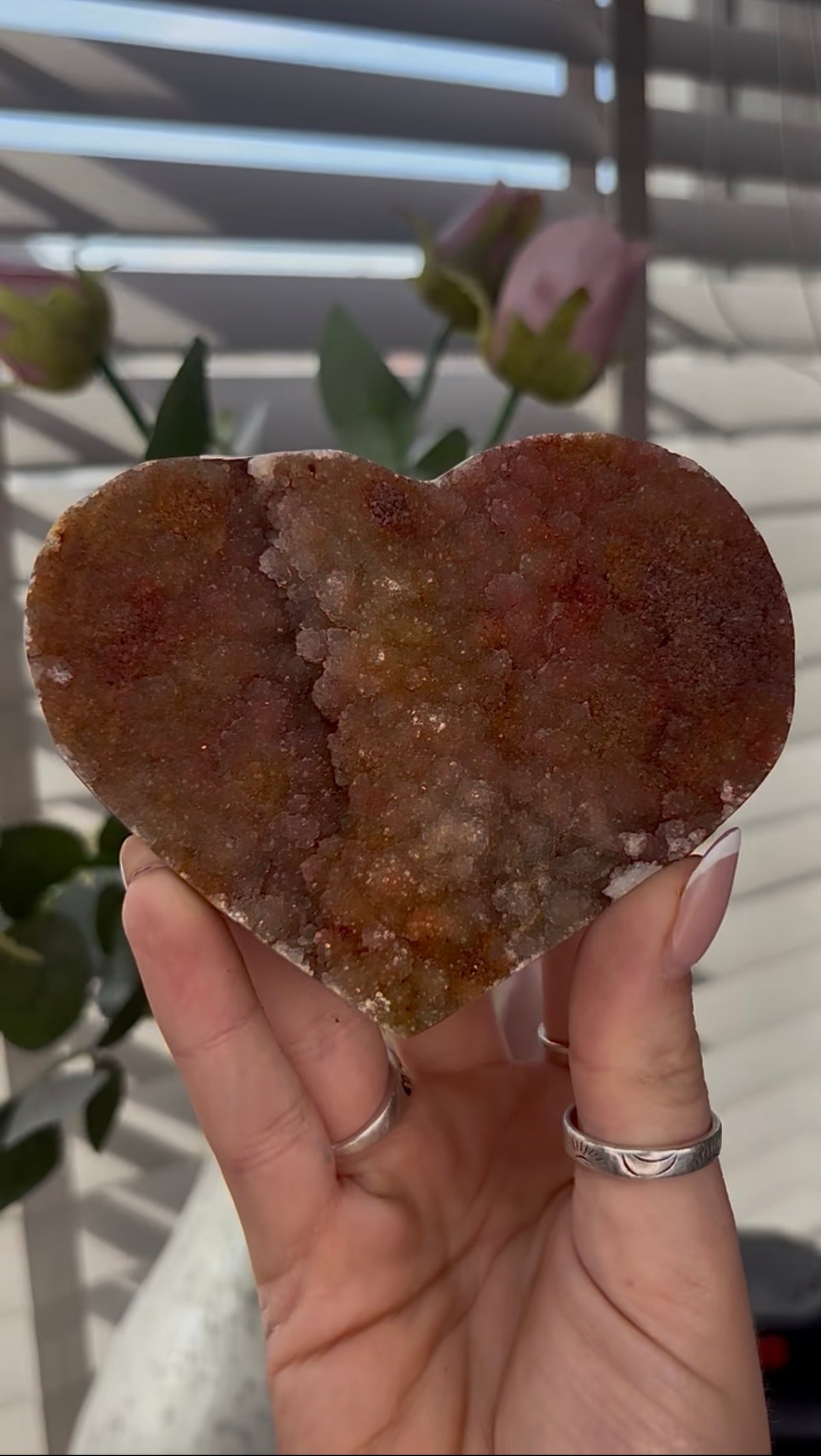 Uruguay, rainbow amethyst heart in rusty tone - comes with stand