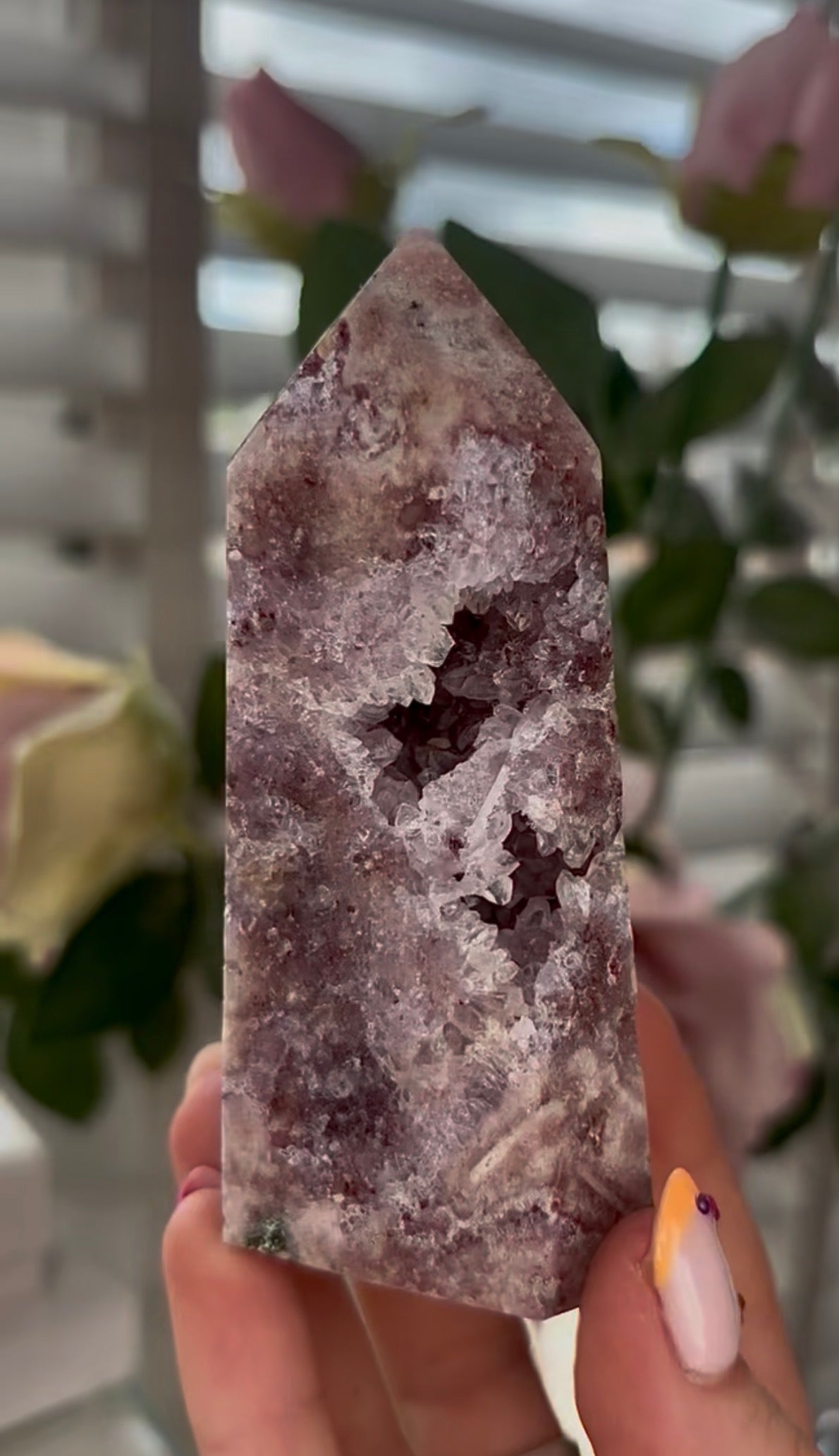 Pretty, Pink amethyst tower with Druzy & green Jasper