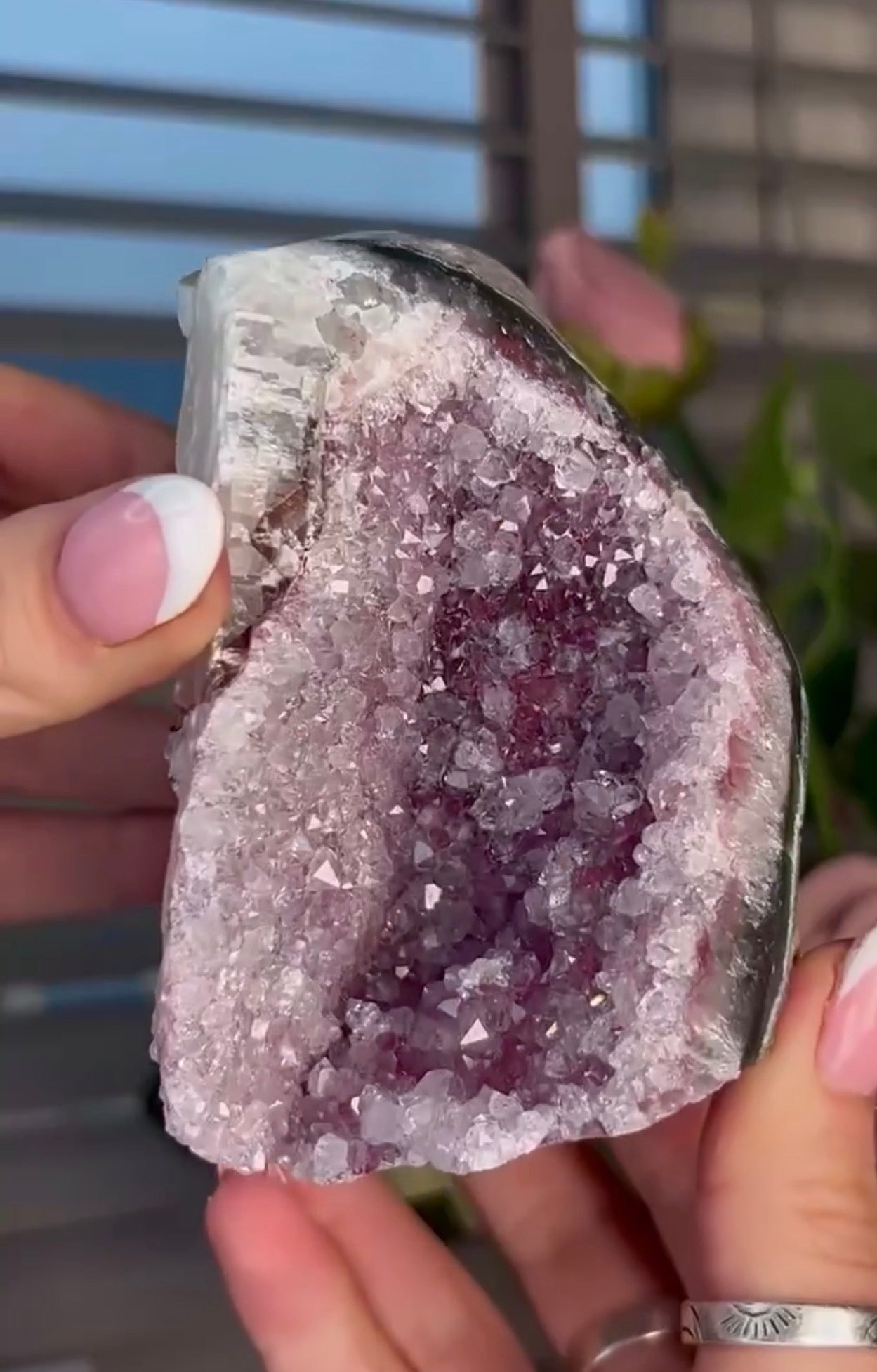 High quality, lavender, pink toned, double cave rainbow amethyst, cutbase with calcite