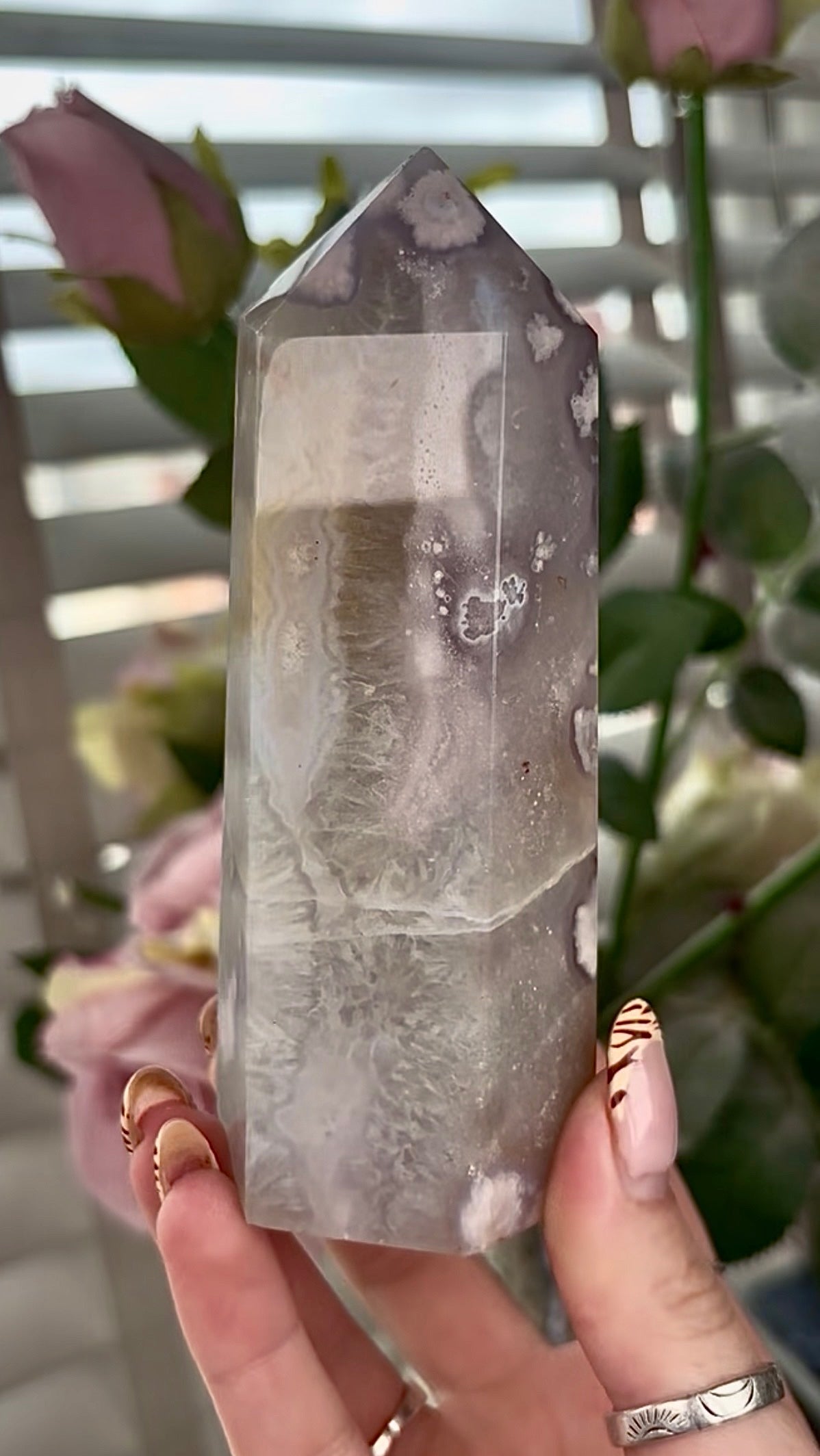 Stunning!! Super high quality, Druzy, green chlorite x blue flower agate tower