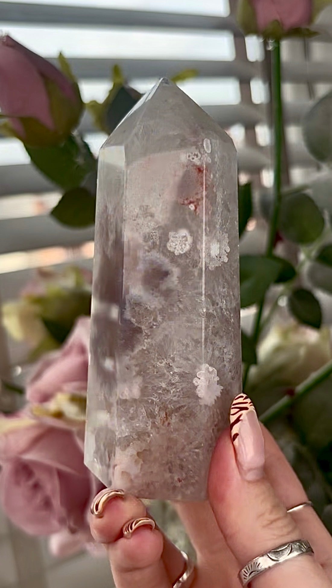 Stunning!! Super high quality, Druzy, green chlorite x blue flower agate tower