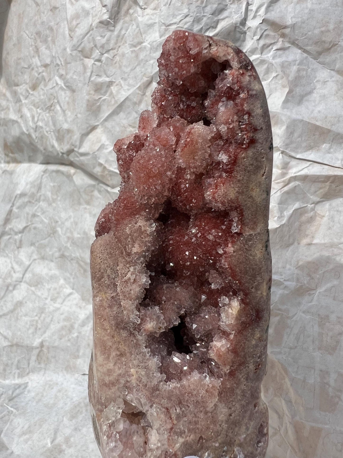 high grade, pink amethyst, bubble Freeform with red sugar druzy on stand 0.432g