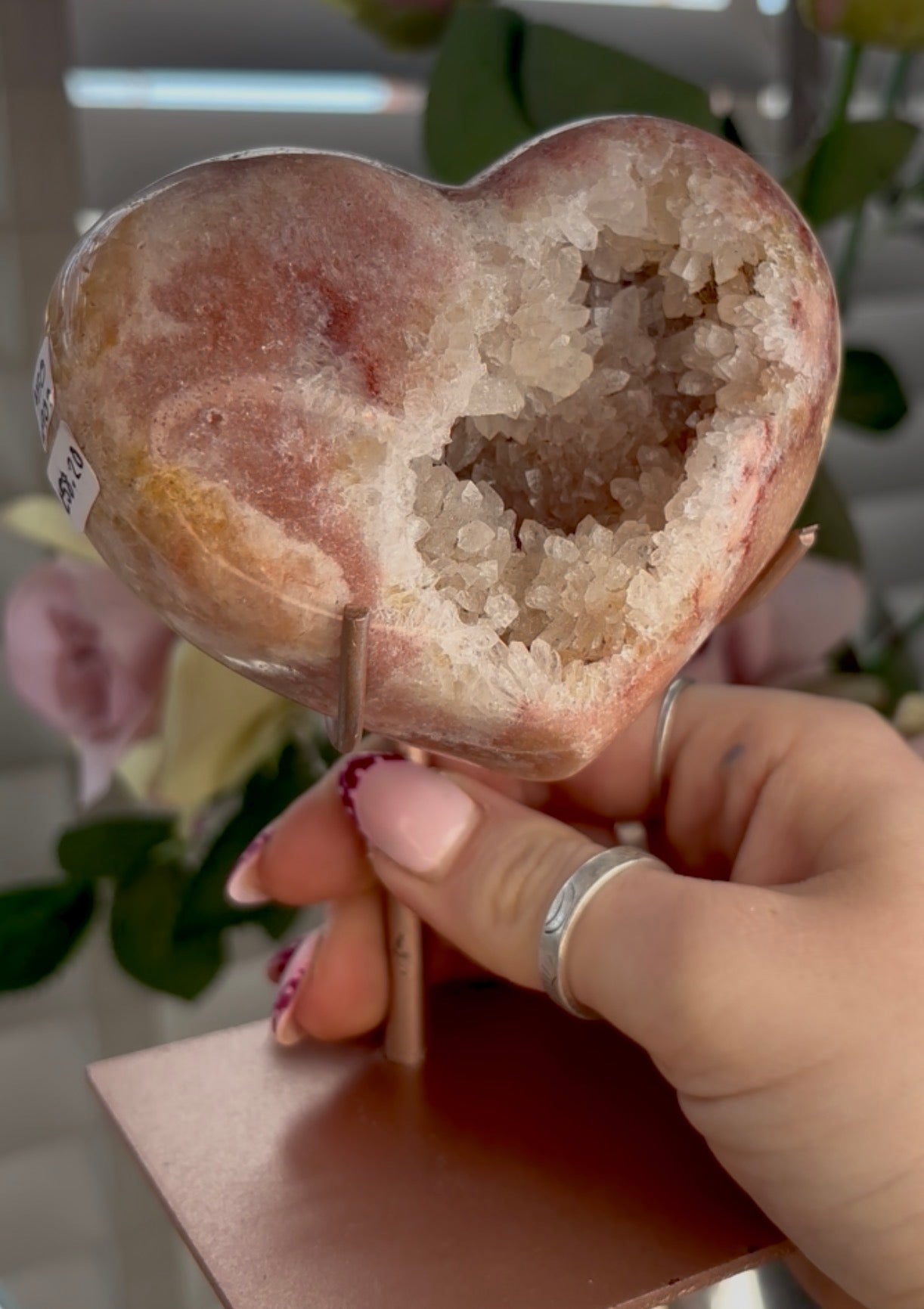 pink amethyst heart - comes with stand