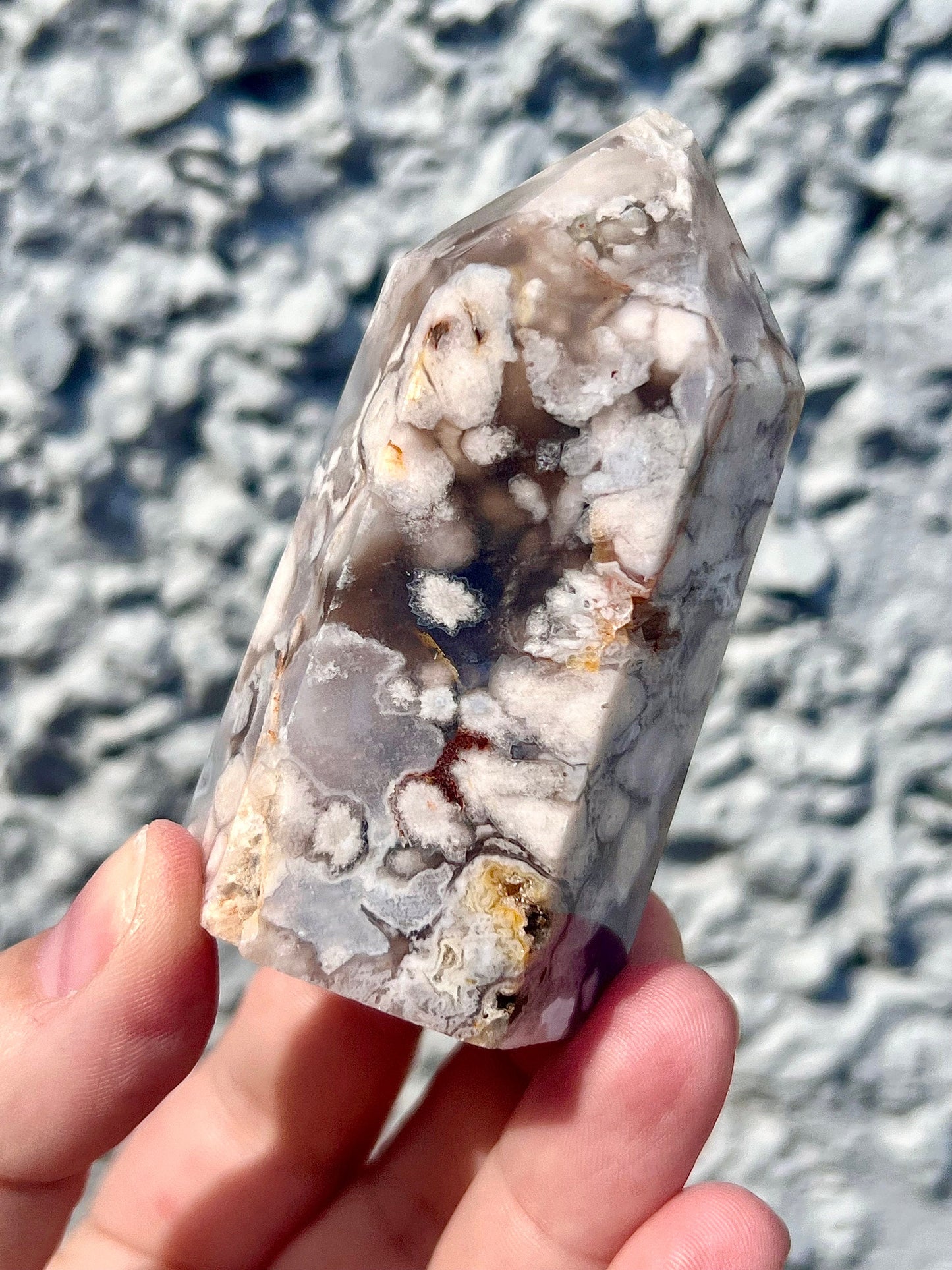 Black & pink flower agate tower - half price due to damaged tip