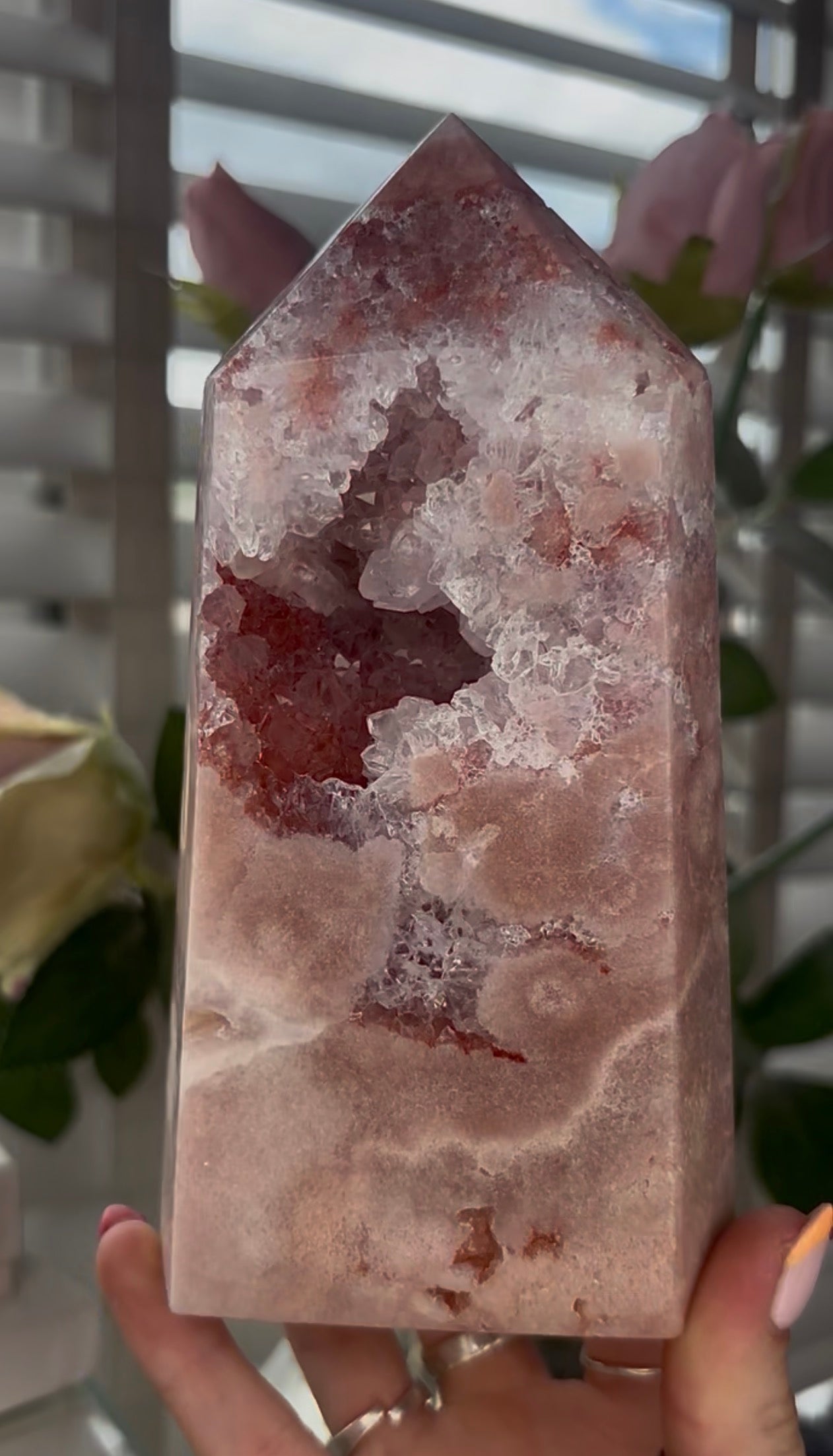 Pretty, large, high quality, Pink amethyst tower in a peach tone with quartz Druze