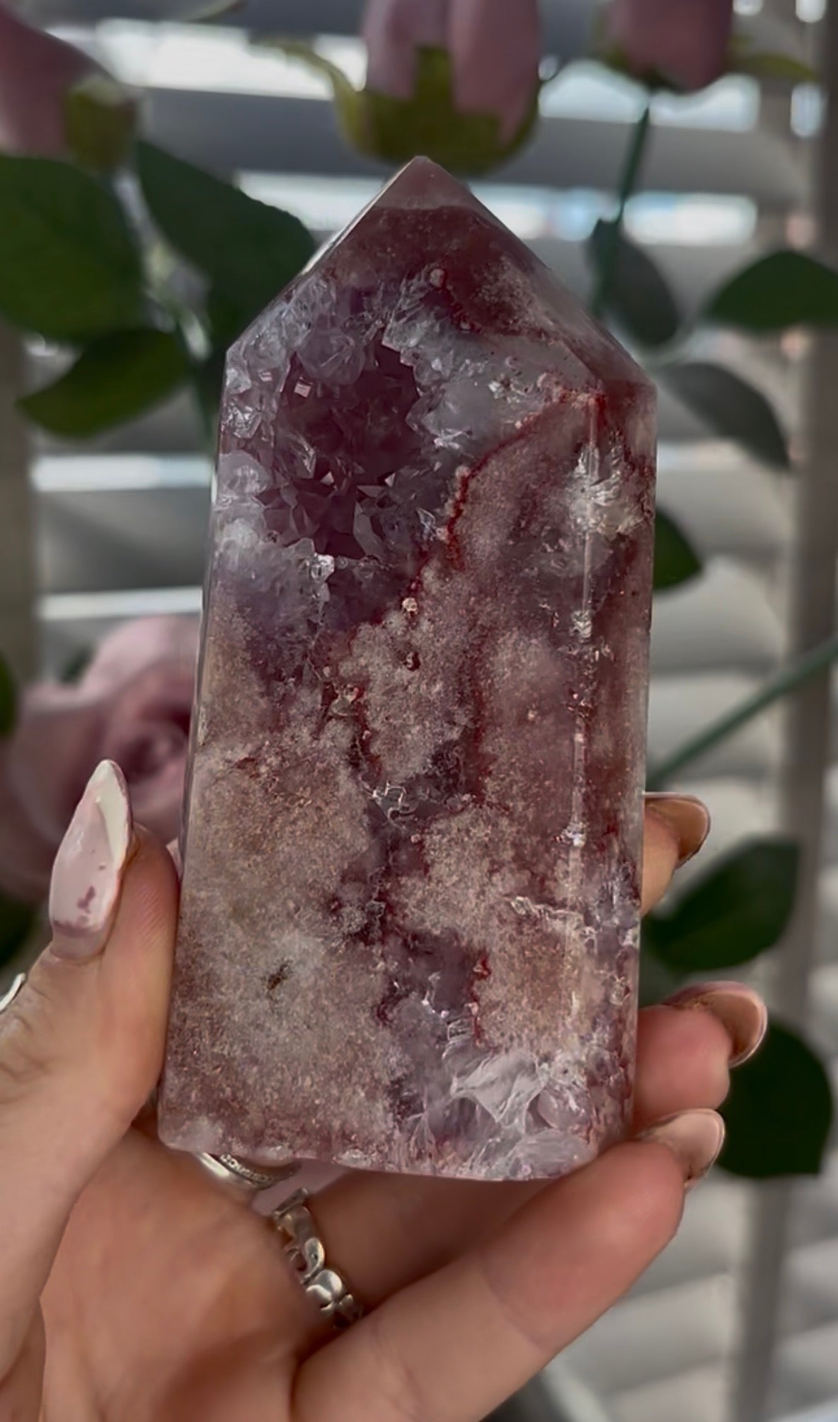 Beautiful, high quality, Pink amethyst tower with purple quartz