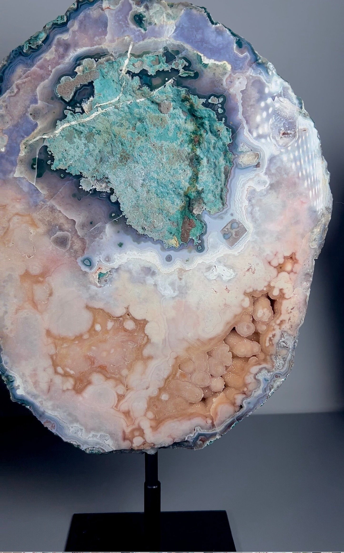 High grade, round pink amethyst slab with green jasper & bubble druzy