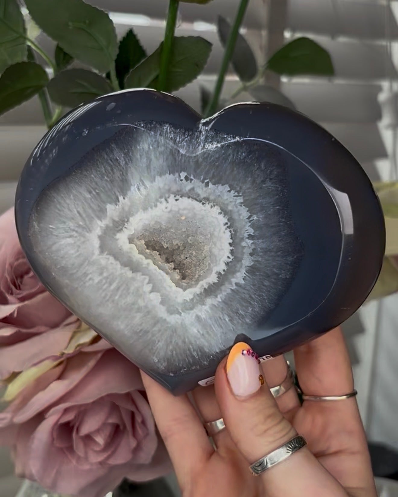 Beautiful, high grade, blue agate heart with druzy - comes with stand