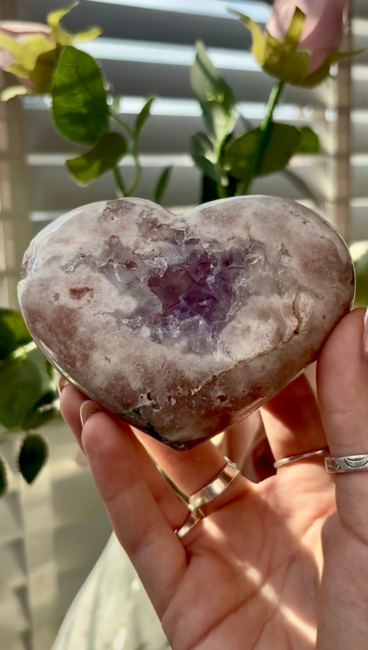 Gorgeous, pink amethyst  heart with Jasper -comes with stand