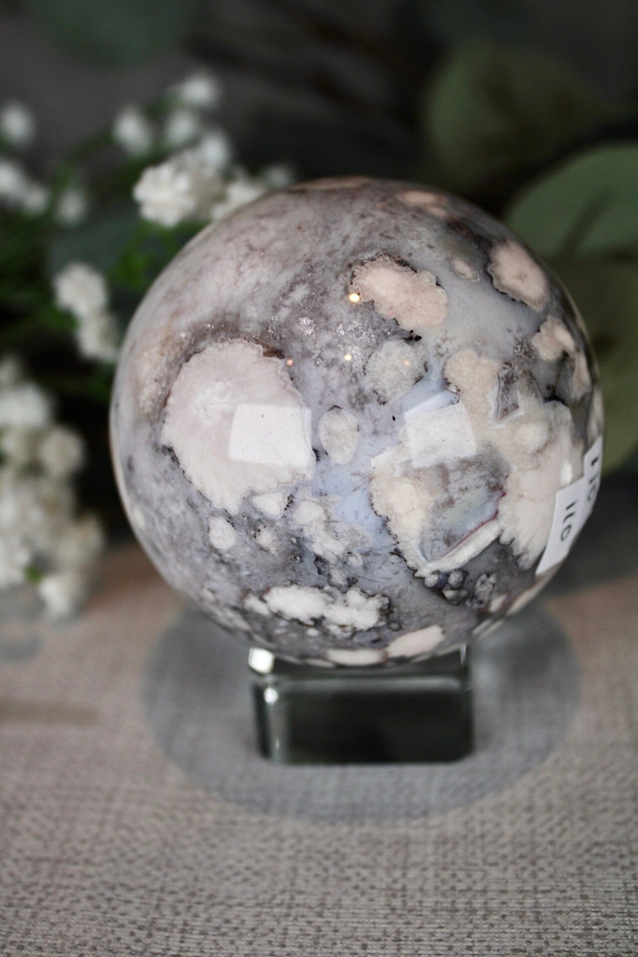 Blue flower agate x chlorite quartz sphere 495g 7cm