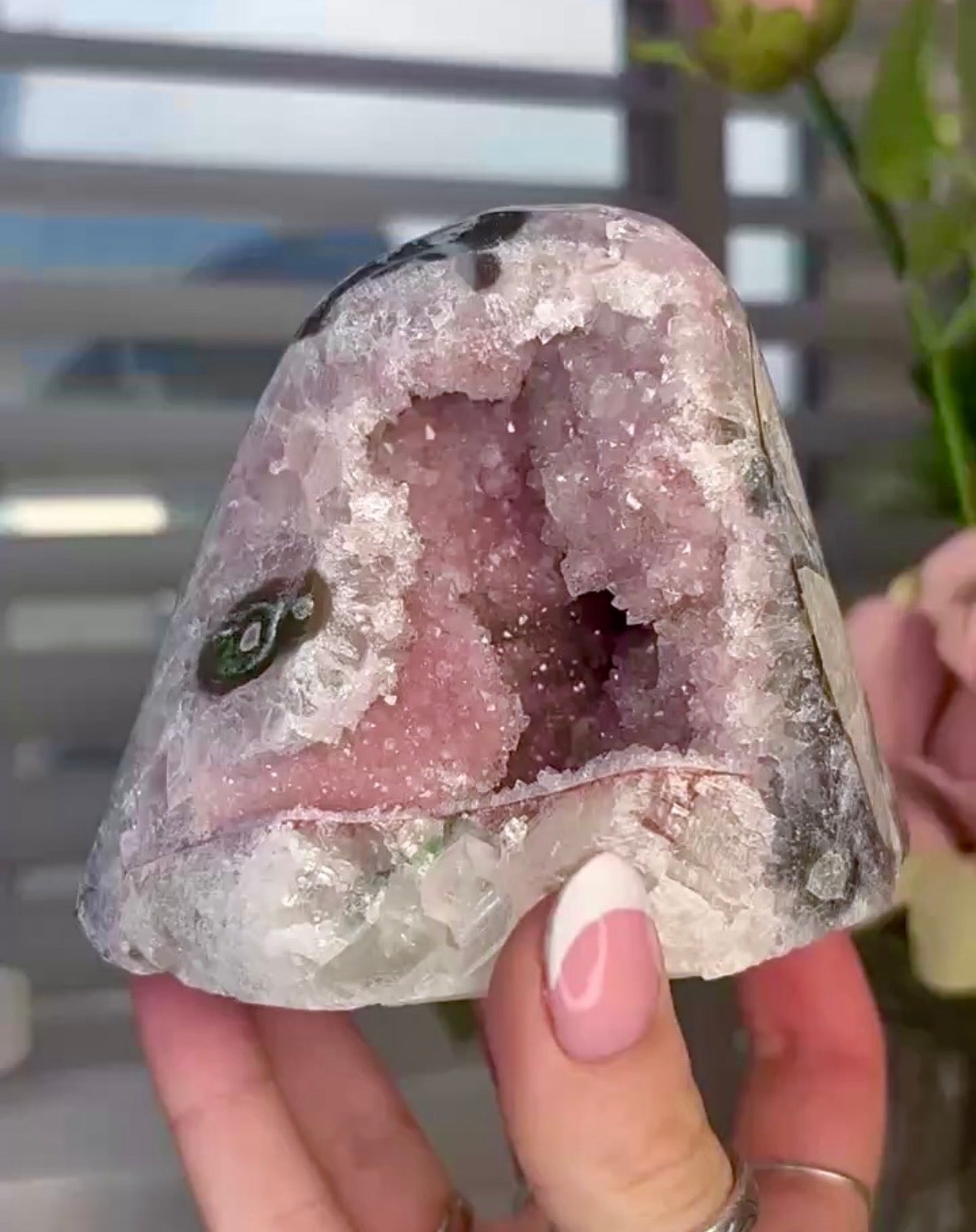 High quality, pink toned, rainbow amethyst on a calcite cutbase with stalactite eye
