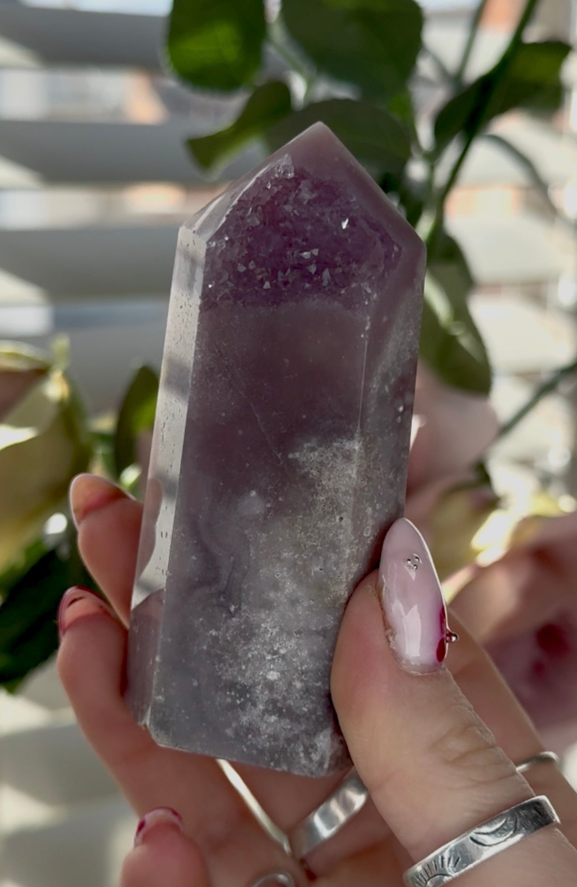 High quality Pink amethyst tower in lilac tones 9cm(h) 4cm(w)