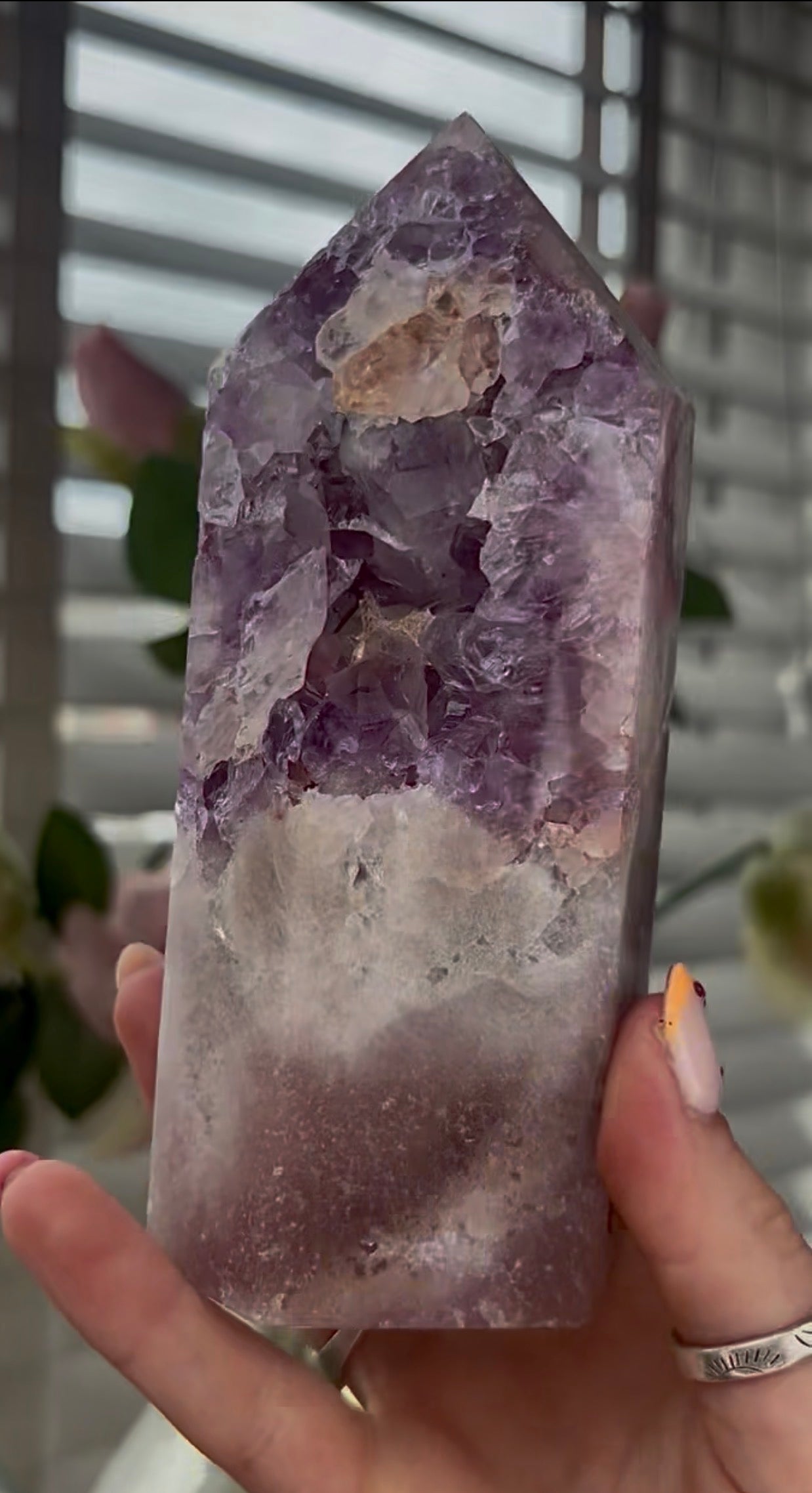 High quality, Pink amethyst tower, with purple quartz druzy