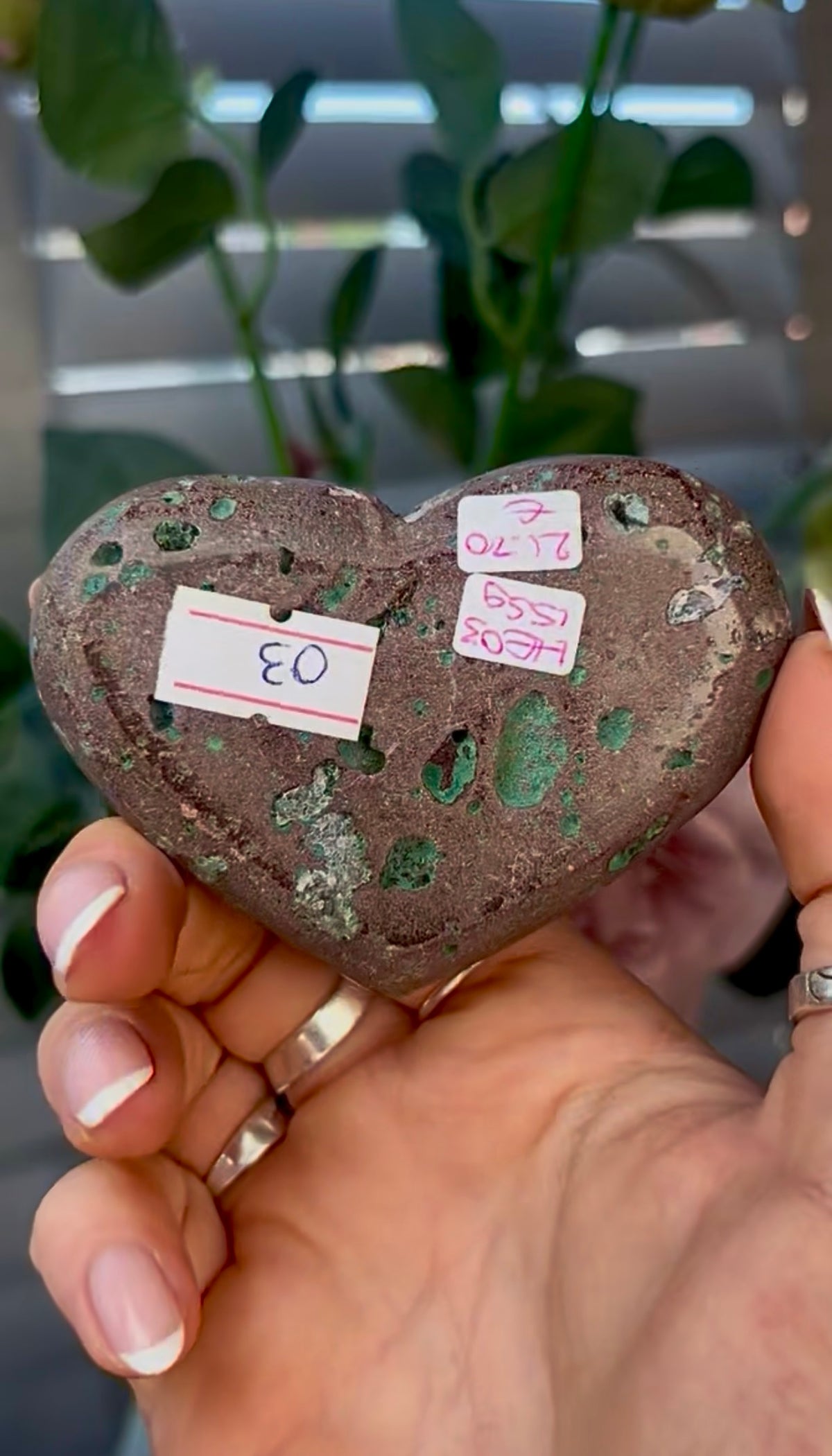 Gorgeous, pink amethyst heart with Jasper - comes with stand