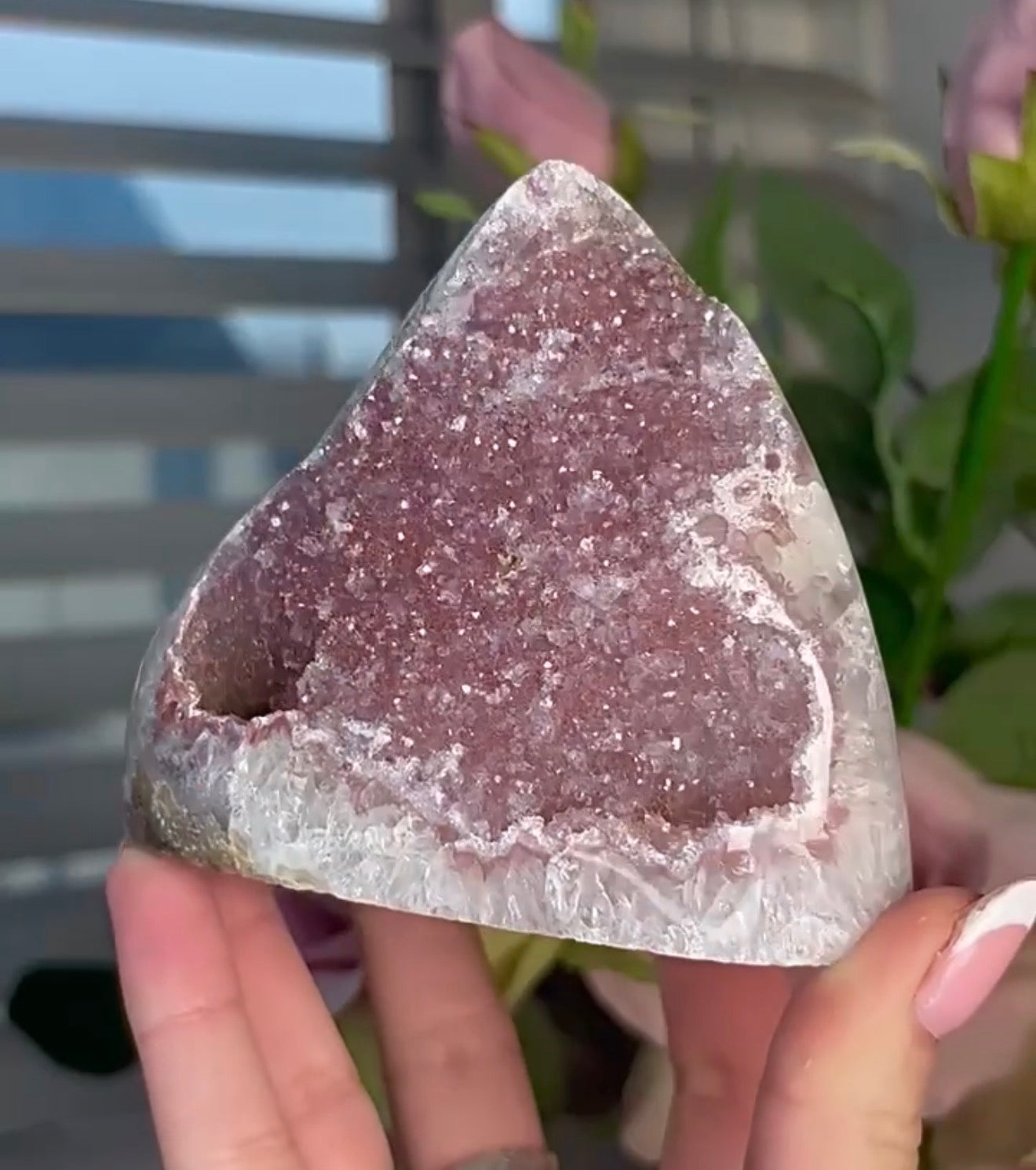 Pink Rainbow amethyst cutbase with a calcite base