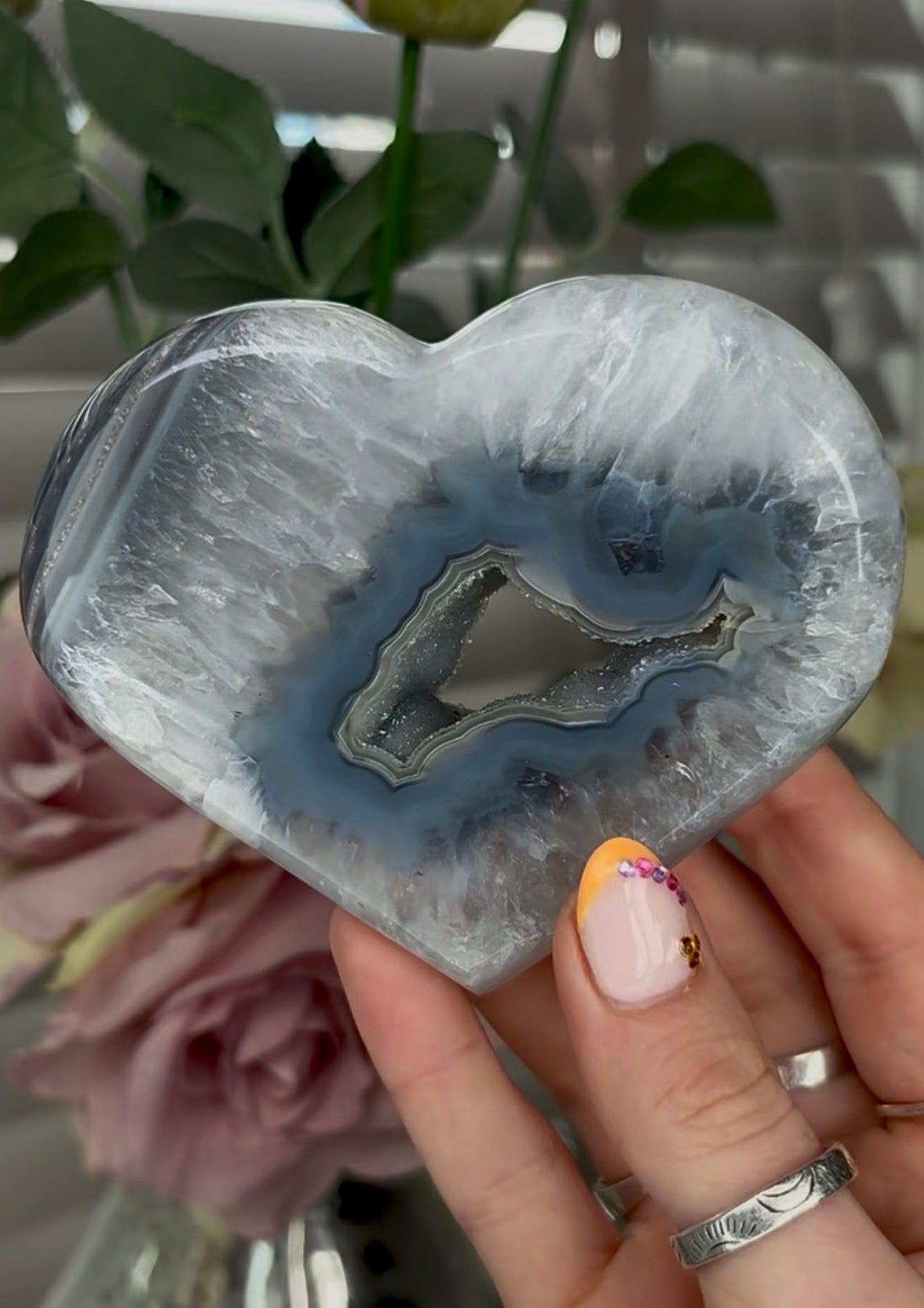 Beautiful, high quality, blue banded agate heart with druzy - stand included